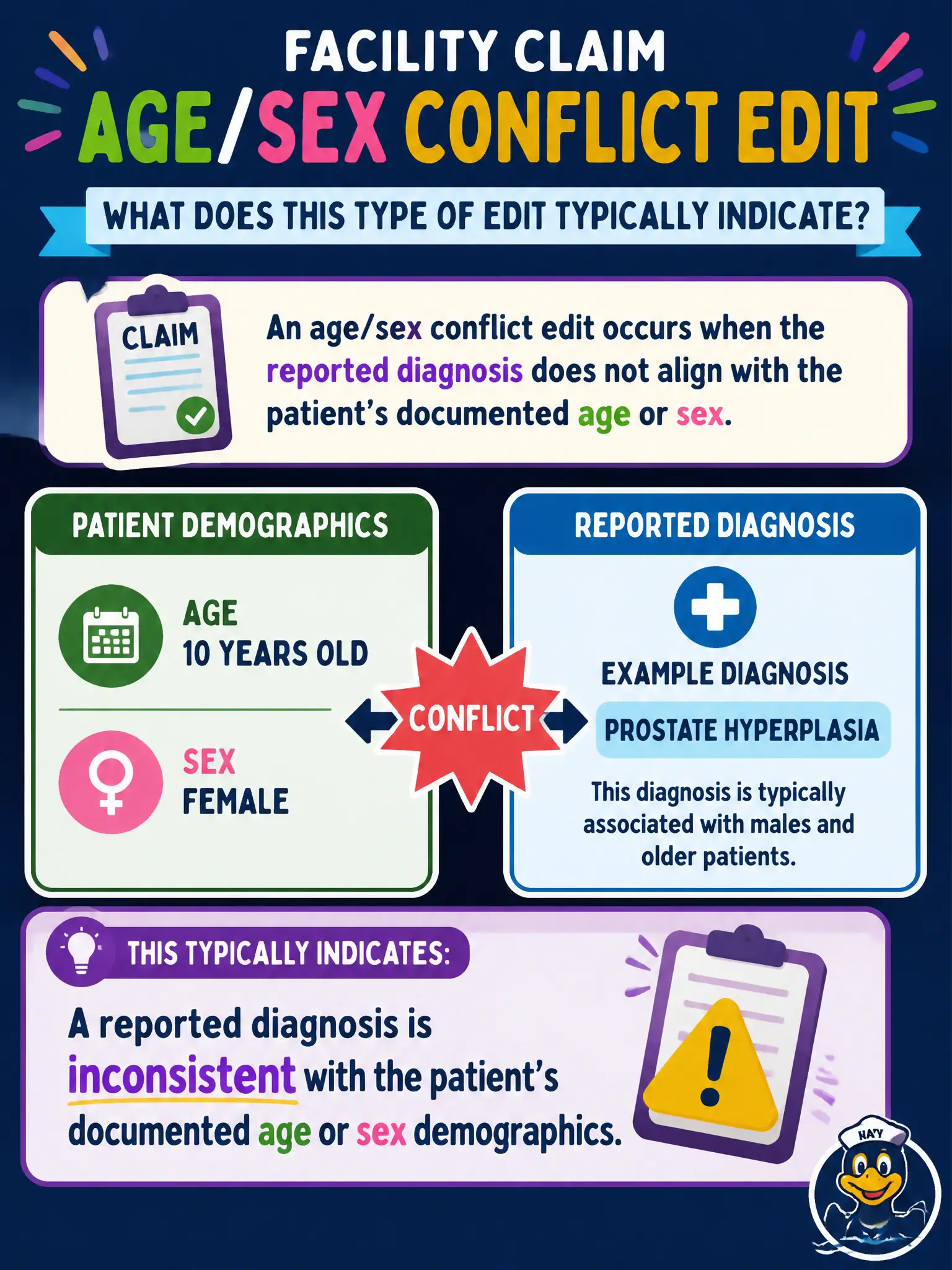 To Create an exciting colorful infographic that explains the concepts in the question: Question: A facility claim returns an age/sex conflict edit. What does this type of edit typically indicate? Correct Answer: A reported diagnosis is inconsistent with the patient’s documented age or sex demographics. Put EVERY visible label in double quotes. No people. No A/B/C/D letters. In one of the four corners put a little "Navy Duck".