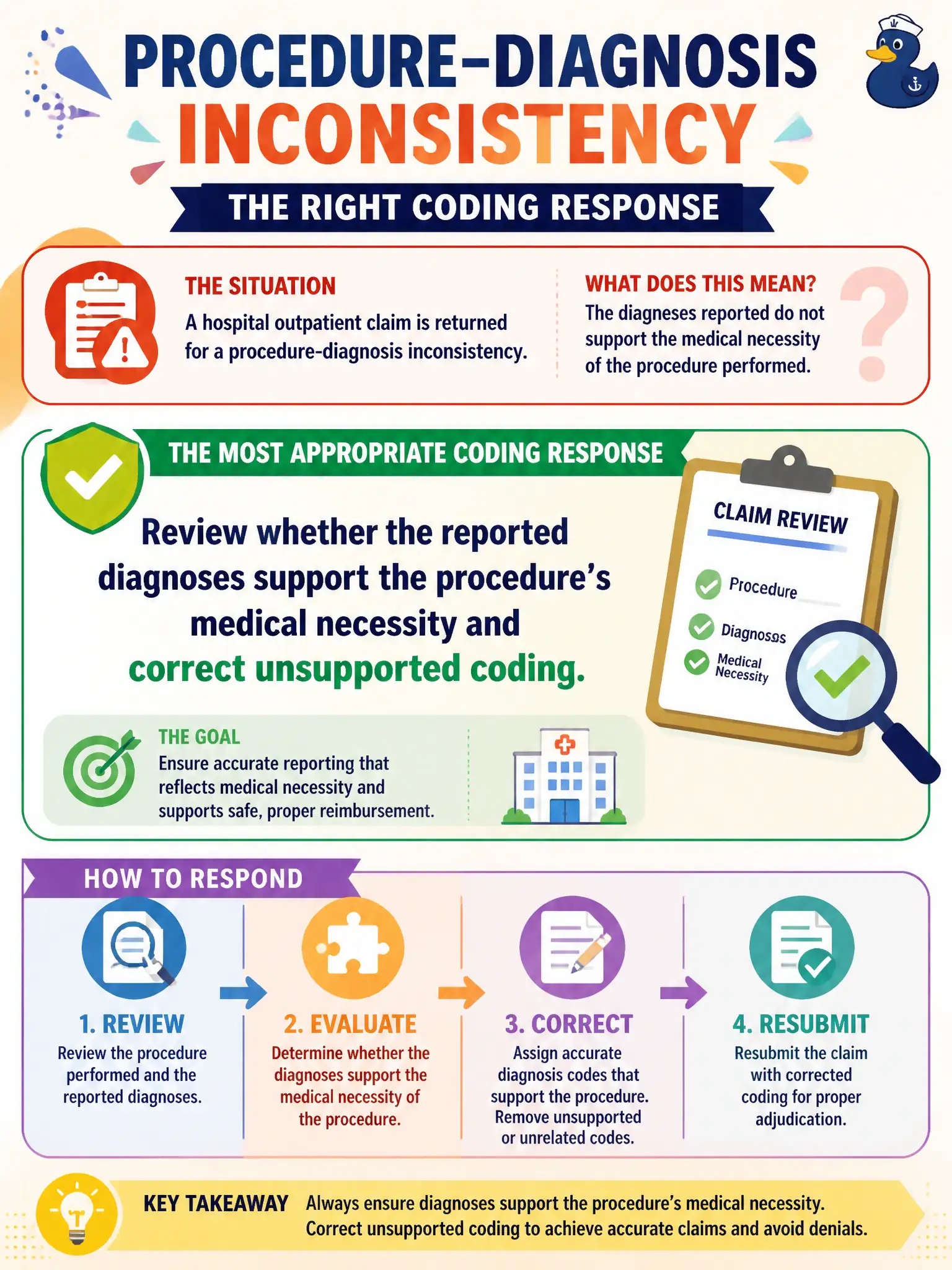To Create an exciting colorful infographic that explains the concepts in the question: Question: A hospital outpatient claim is returned for a procedure-diagnosis inconsistency. What is the most appropriate coding response? Correct Answer: Review whether the reported diagnoses support the procedure’s medical necessity and correct unsupported coding. Put EVERY visible label in double quotes. No people. No A/B/C/D letters. In one of the four corners put a little "Navy Duck".
