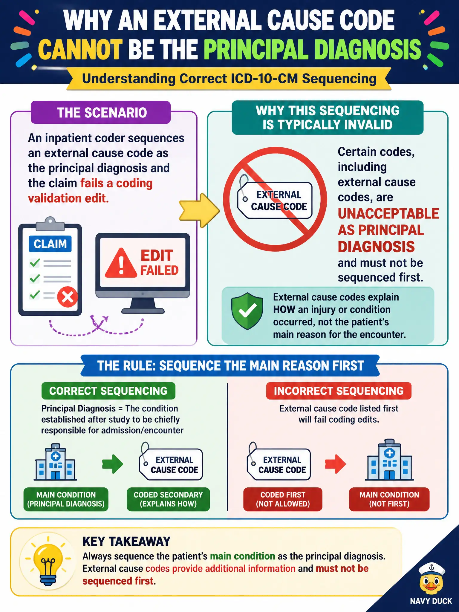 To Create an exciting colorful infographic that explains the concepts in the question: Question: An inpatient coder sequences an external cause code as the principal diagnosis and the claim fails a coding validation edit. Why is this sequencing typically invalid? Correct Answer: Certain codes, including external cause codes, are unacceptable as principal diagnosis and must not be sequenced first. Put EVERY visible label in double quotes. No people. No A/B/C/D letters. In one of the four corners put a little "Navy Duck".