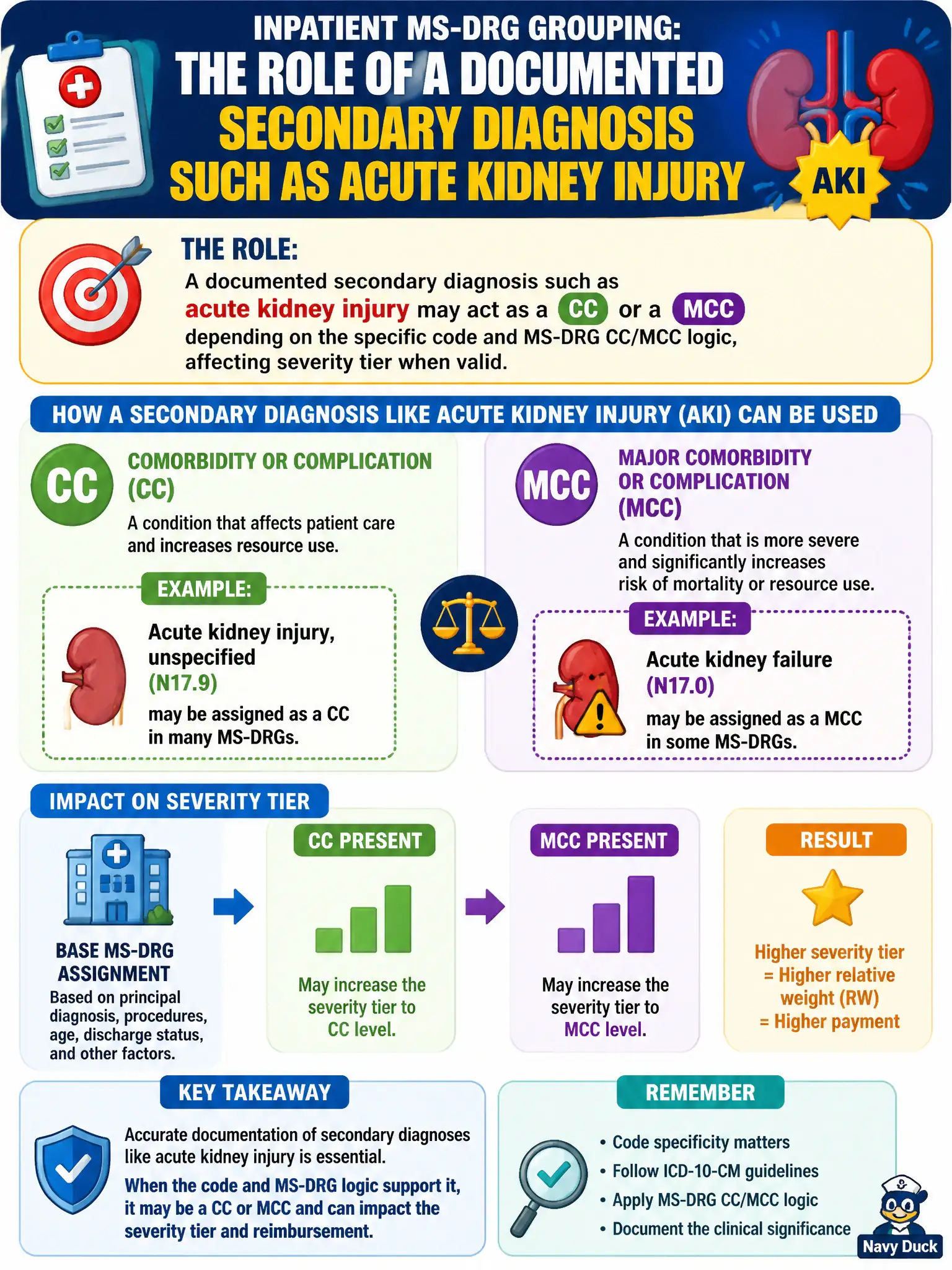 To Create an exciting colorful infographic that explains the concepts in the question: Question: In inpatient MS-DRG grouping, what is the role of a documented secondary diagnosis such as acute kidney injury? Correct Answer: It may act as a CC or MCC depending on the specific code and MS-DRG CC/MCC logic, affecting severity tier when valid Put EVERY visible label in double quotes. No people. No A/B/C/D letters. In one of the four corners put a little "Navy Duck".