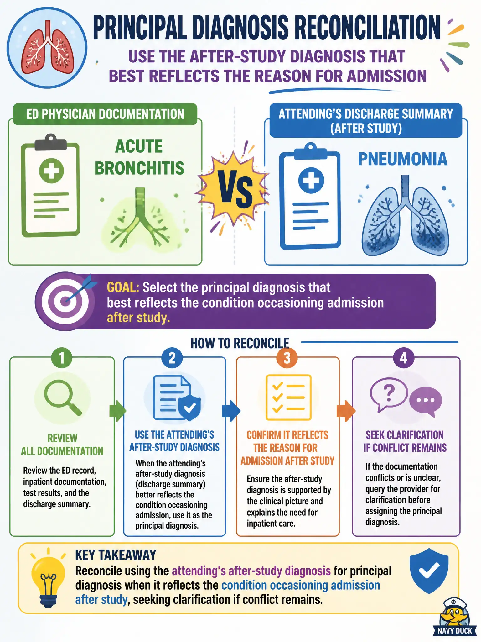To Create an exciting colorful infographic that explains the concepts in the question: Question: The ED physician documents acute bronchitis, but after study the attending’s discharge summary documents pneumonia as the inpatient diagnosis. How should the coder reconcile this for principal diagnosis selection? Correct Answer: Reconcile using the attending’s after-study diagnosis for principal diagnosis when it reflects the condition occasioning admission after study, seeking clarification if conflict remains Put EVERY visible label in double quotes. No people. No A/B/C/D letters. In one of the four corners put a little "Navy Duck".