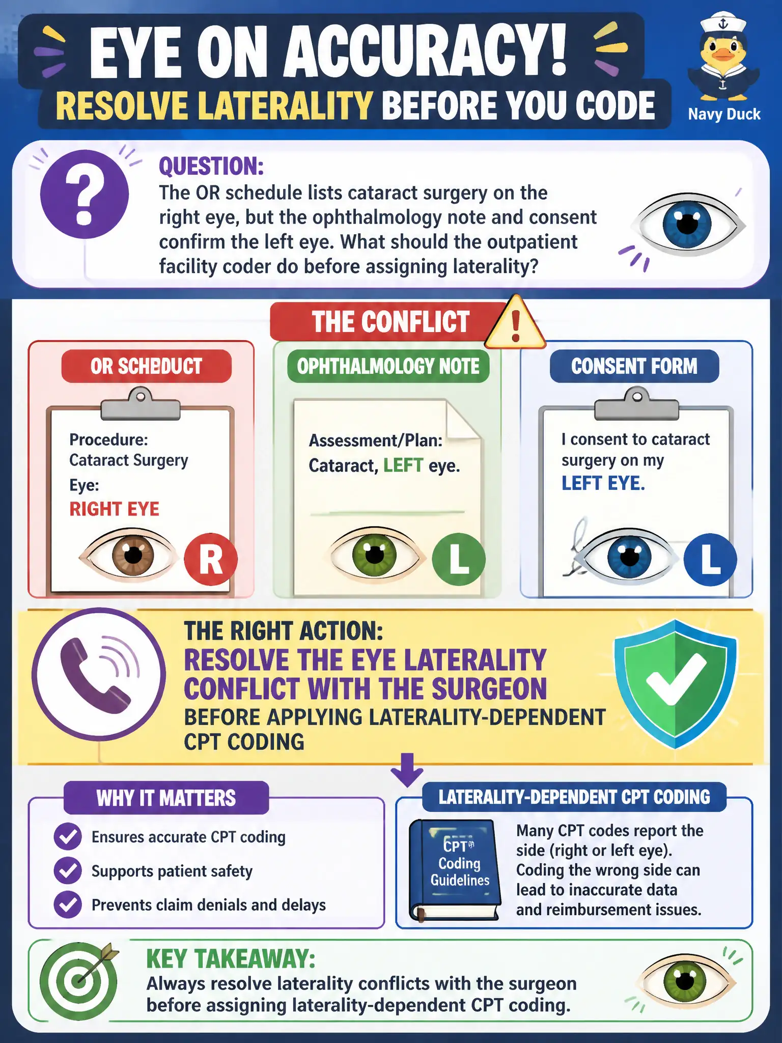 To Create an exciting colorful infographic that explains the concepts in the question: Question: The OR schedule lists cataract surgery on the right eye, but the ophthalmology note and consent confirm the left eye. What should the outpatient facility coder do before assigning laterality? Correct Answer: Resolve the eye laterality conflict with the surgeon before applying laterality-dependent CPT coding Put EVERY visible label in double quotes. No people. No A/B/C/D letters. In one of the four corners put a little "Navy Duck".