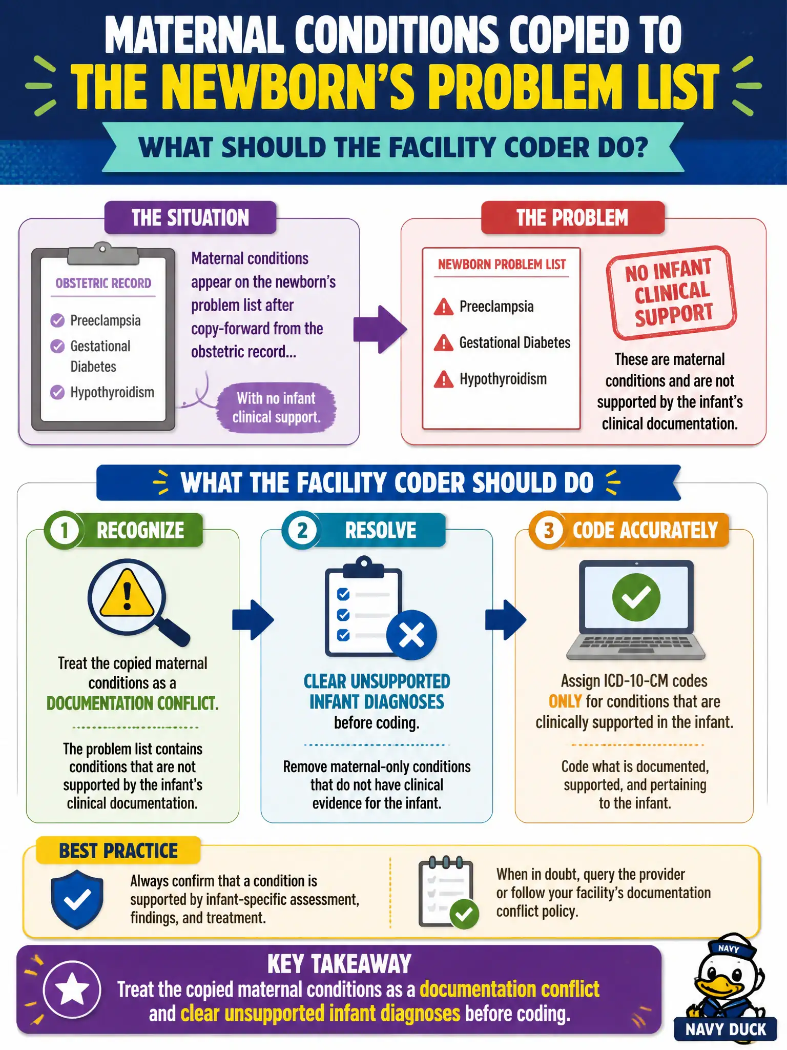 To Create an exciting colorful infographic that explains the concepts in the question: Question: Maternal conditions appear on the newborn’s problem list after copy-forward from the obstetric record, with no infant clinical support. What should the facility coder do? Correct Answer: Treat the copied maternal conditions as a documentation conflict and clear unsupported infant diagnoses before coding Put EVERY visible label in double quotes. No people. No A/B/C/D letters. In one of the four corners put a little "Navy Duck".