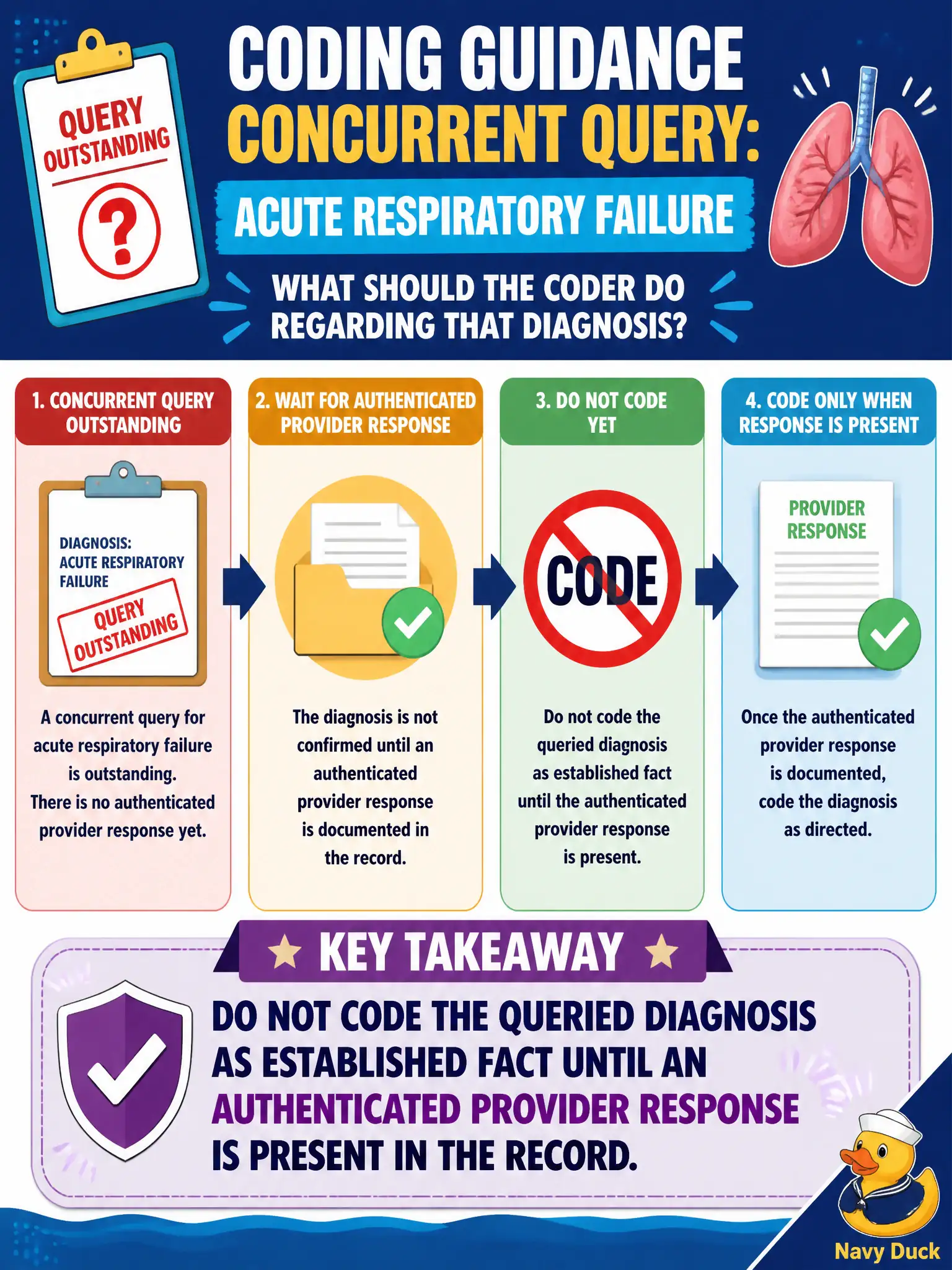 To Create an exciting colorful infographic that explains the concepts in the question: Question: A concurrent query for acute respiratory failure is outstanding with no authenticated provider response. What should the coder do regarding that diagnosis? Correct Answer: Do not code the queried diagnosis as established fact until an authenticated provider response is present in the record Put EVERY visible label in double quotes. No people. No A/B/C/D letters. In one of the four corners put a little "Navy Duck".
