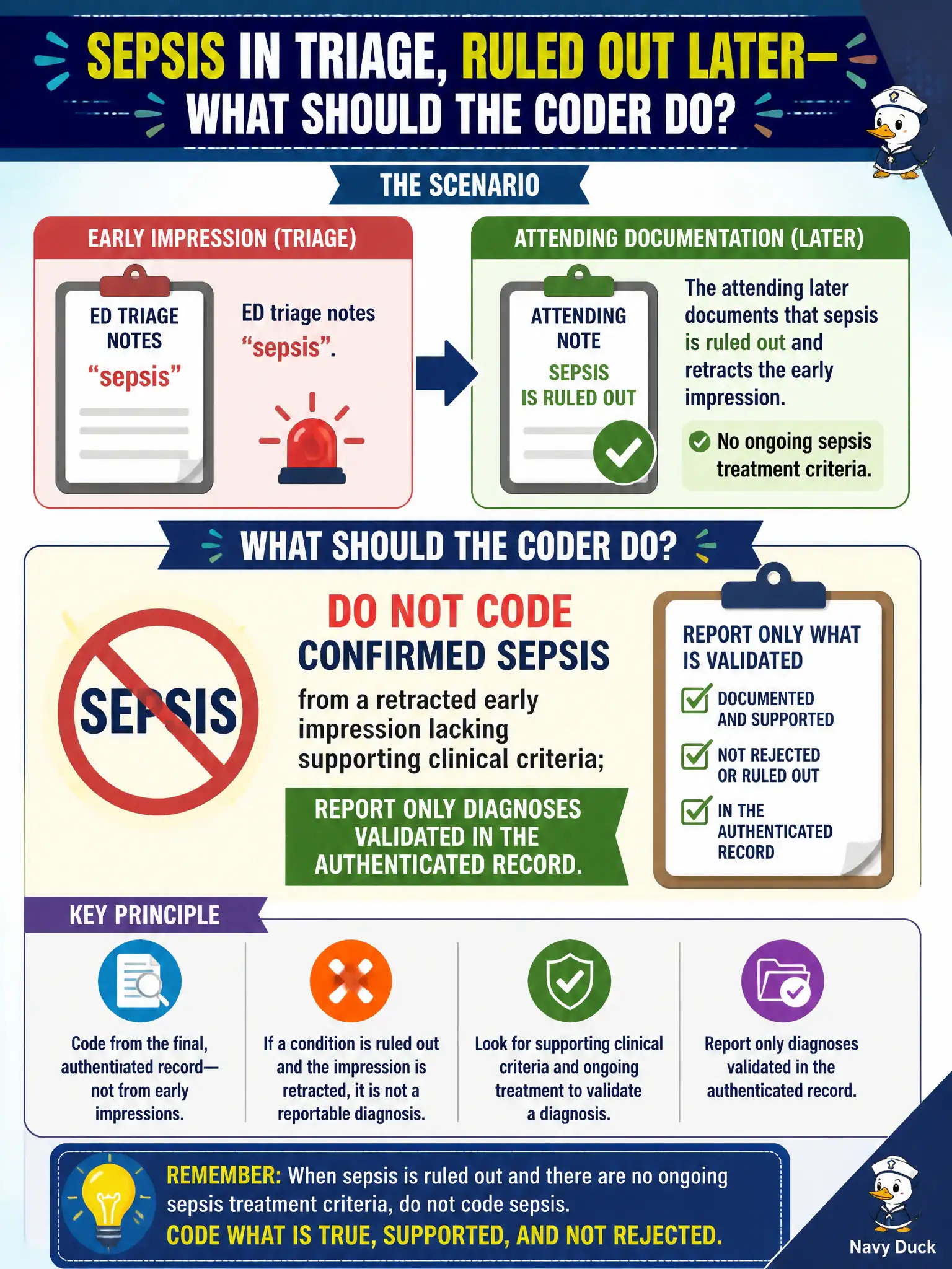 To Create an exciting colorful infographic that explains the concepts in the question: Question: ED triage notes list 'sepsis,' but the attending later documents that sepsis is ruled out and retracts the early impression, with no ongoing sepsis treatment criteria. What should the coder do? Correct Answer: Do not code confirmed sepsis from a retracted early impression lacking supporting clinical criteria; report only diagnoses validated in the authenticated record Put EVERY visible label in double quotes. No people. No A/B/C/D letters. In one of the four corners put a little "Navy Duck".
