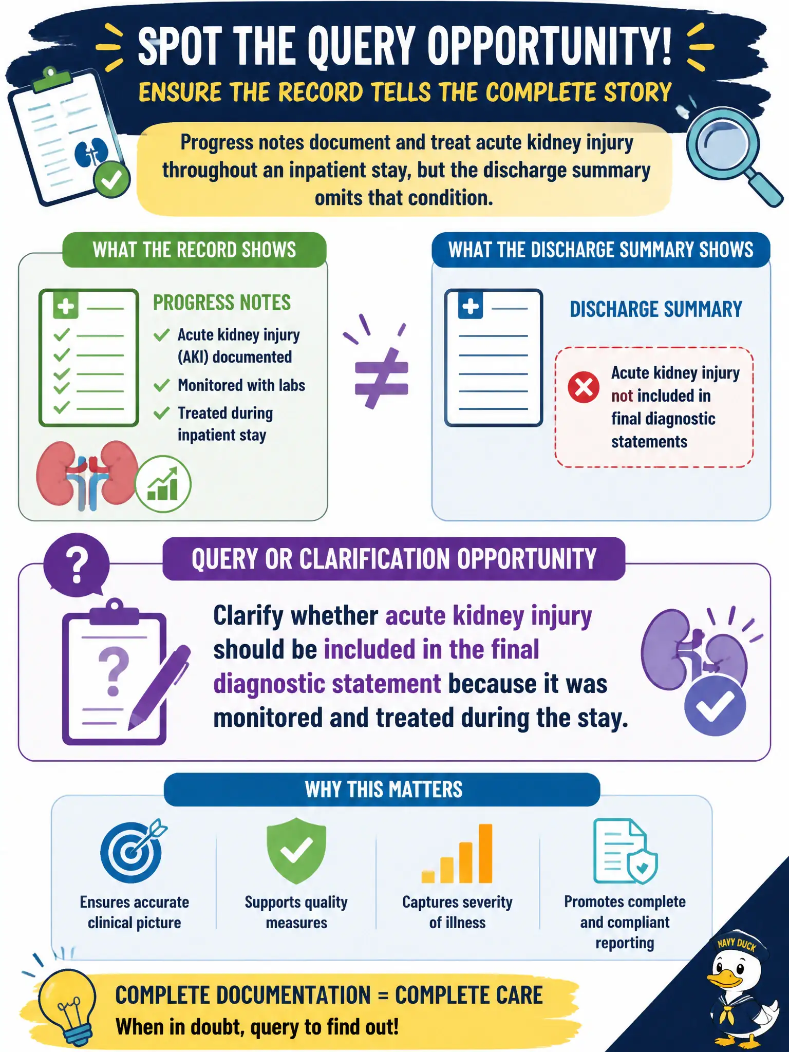 To Create an exciting colorful infographic that explains the concepts in the question: Question: Progress notes document and treat acute kidney injury throughout an inpatient stay, but the discharge summary omits that condition. What query or clarification opportunity exists? Correct Answer: Clarify whether acute kidney injury should be included in the final diagnostic statement because it was monitored and treated during the stay Put EVERY visible label in double quotes. No people. No A/B/C/D letters. In one of the four corners put a little "Navy Duck".