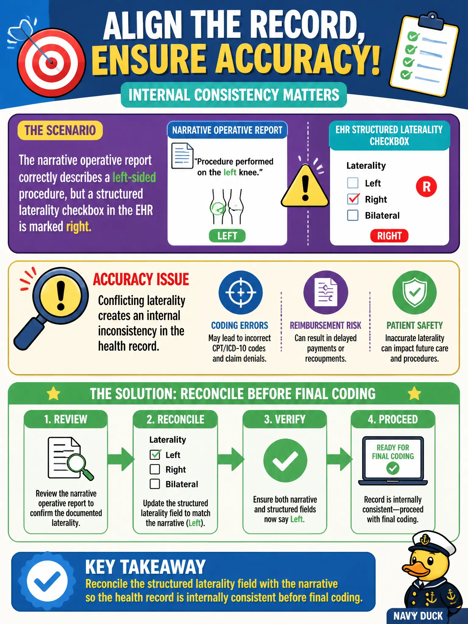 To Create an exciting colorful infographic that explains the concepts in the question: Question: The narrative operative report correctly describes a left-sided procedure, but a structured laterality checkbox in the EHR is marked right. What accuracy issue should be addressed? Correct Answer: Reconcile the structured laterality field with the narrative so the health record is internally consistent before final coding Put EVERY visible label in double quotes. No people. No A/B/C/D letters. In one of the four corners put a little "Navy Duck".