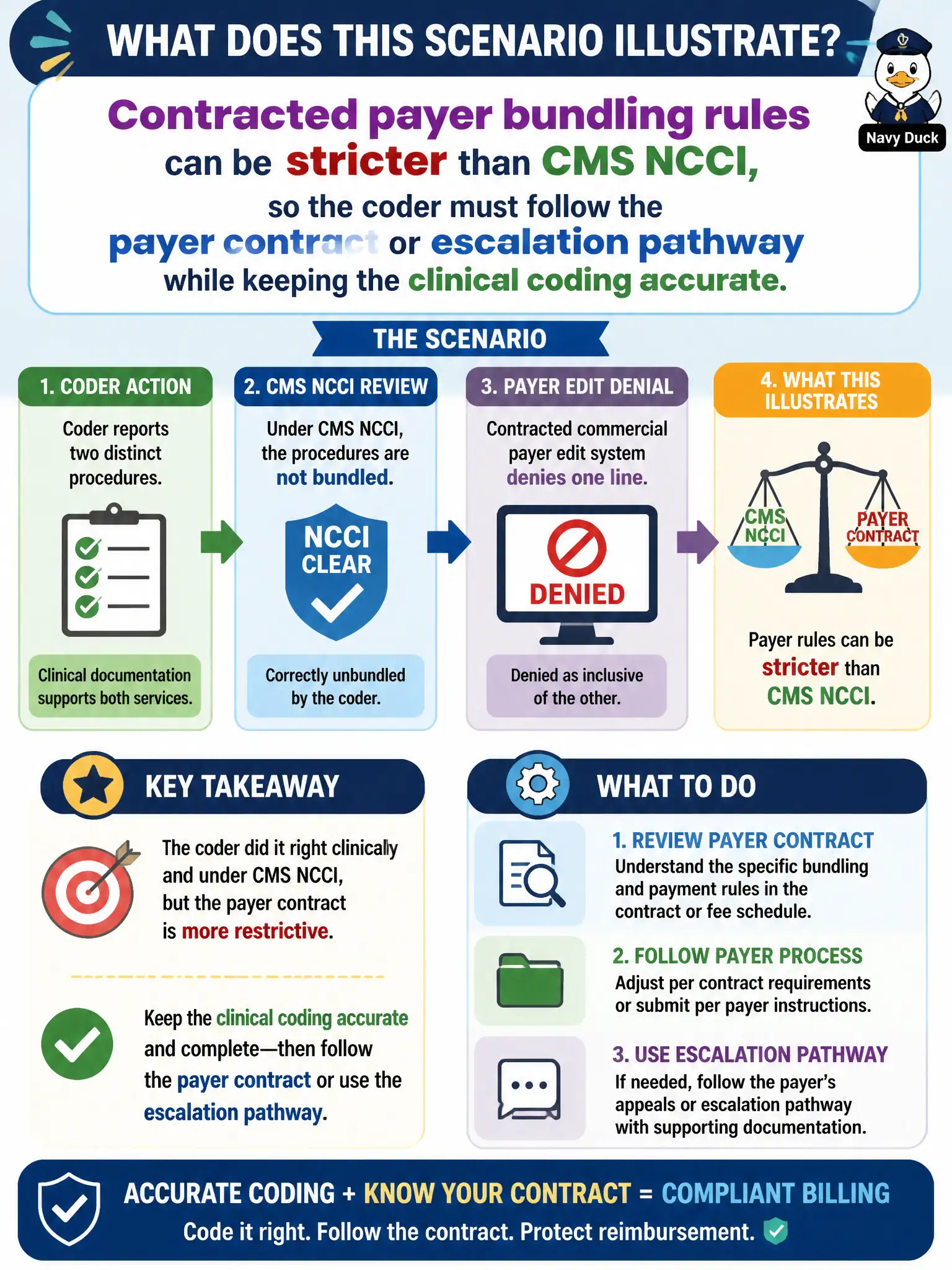To Create an exciting colorful infographic that explains the concepts in the question: Question: A hospital outpatient coder correctly unbundles two distinct procedures under CMS NCCI, but a contracted commercial payer's edit system denies one line as inclusive of the other. What does this scenario illustrate? Correct Answer: Contracted payer bundling rules can be stricter than CMS NCCI, so the coder must follow the payer contract or escalation pathway while keeping the clinical coding accurate. Put EVERY visible label in double quotes. No people. No A/B/C/D letters. In one of the four corners put a little "Navy Duck".