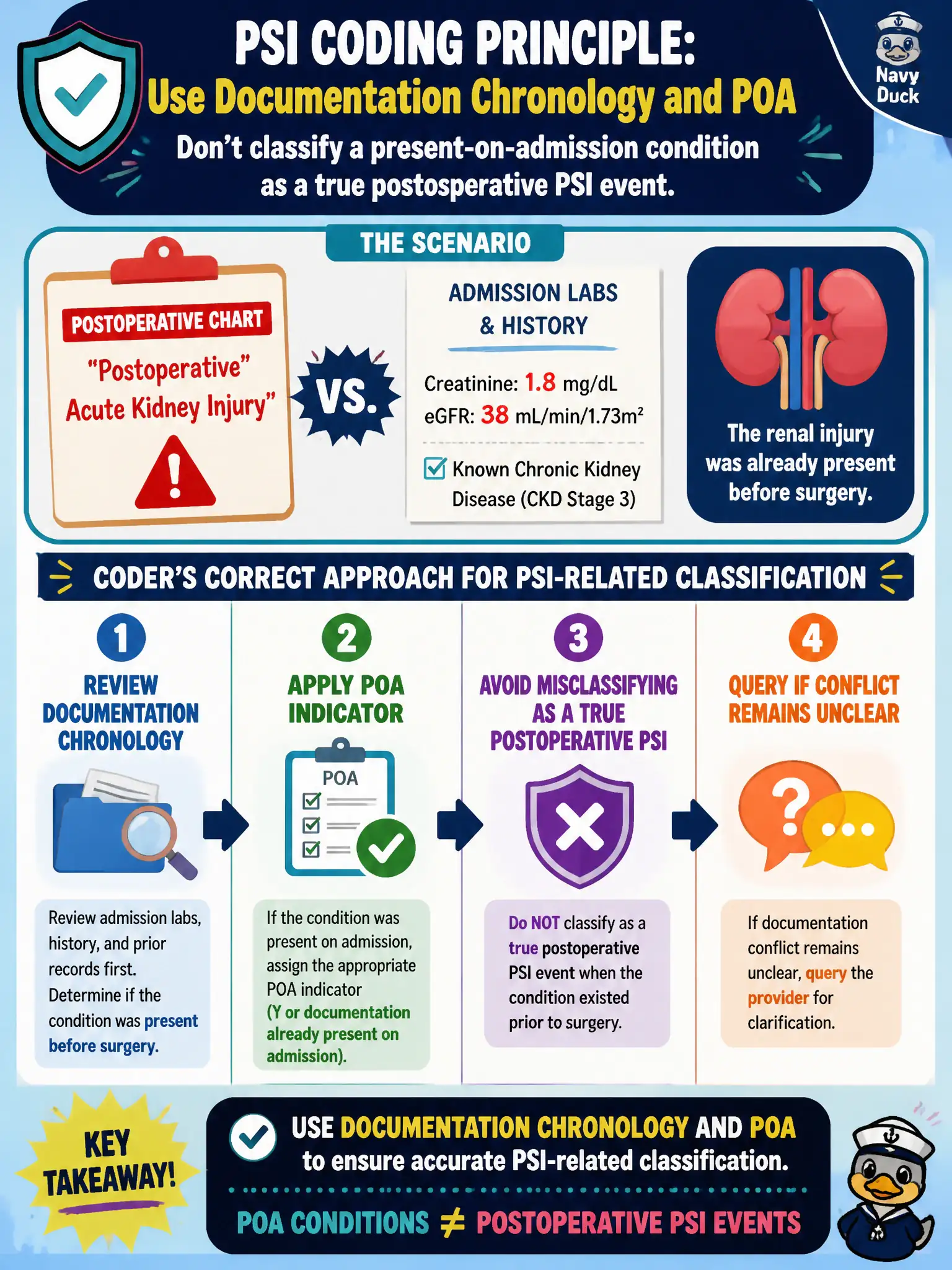 To Create an exciting colorful infographic that explains the concepts in the question: Question: A postoperative chart lists 'postoperative acute kidney injury,' but admission labs and the history show the renal injury was already present before surgery. What is the coder's correct approach for PSI-related classification? Correct Answer: Use documentation chronology and POA to avoid classifying a present-on-admission condition as a true postoperative PSI event, querying if the conflict remains unclear. Put EVERY visible label in double quotes. No people. No A/B/C/D letters. In one of the four corners put a little "Navy Duck".