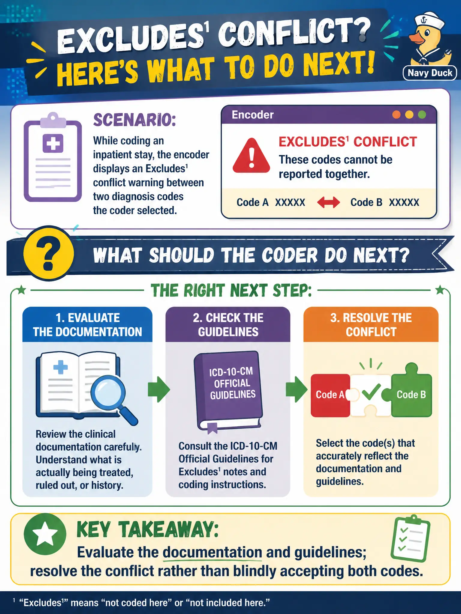 To Create an exciting colorful infographic that explains the concepts in the question: Question: While coding an inpatient stay, the encoder displays an Excludes1 conflict warning between two diagnosis codes the coder selected. What should the coder do next? Correct Answer: Evaluate the documentation and guidelines; resolve the conflict rather than blindly accepting both codes. Put EVERY visible label in double quotes. No people. No A/B/C/D letters. In one of the four corners put a little "Navy Duck".