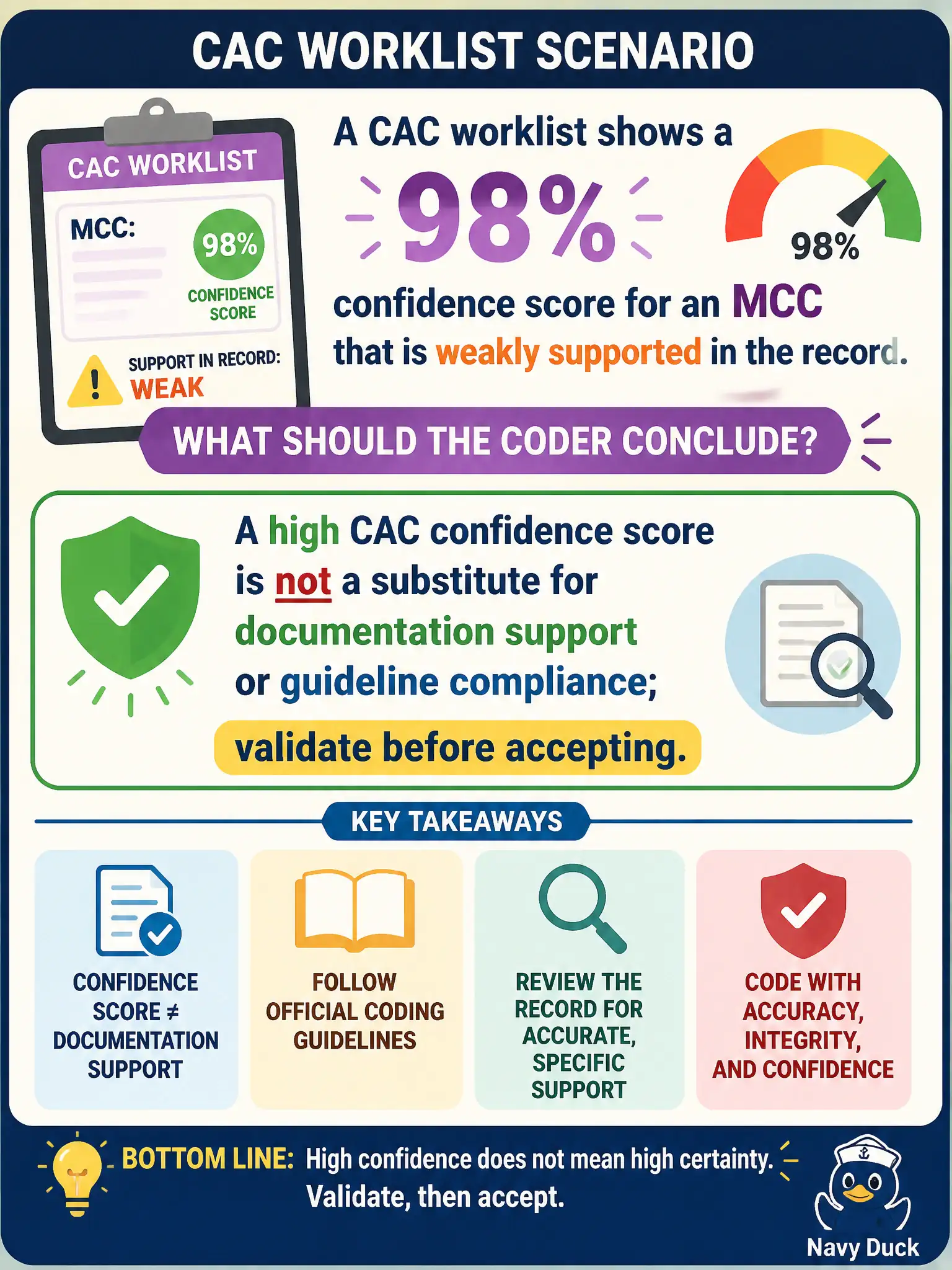 To Create an exciting colorful infographic that explains the concepts in the question: Question: A CAC worklist shows a 98% confidence score for an MCC that is weakly supported in the record. What should the coder conclude? Correct Answer: A high CAC confidence score is not a substitute for documentation support or guideline compliance; validate before accepting. Put EVERY visible label in double quotes. No people. No A/B/C/D letters. In one of the four corners put a little "Navy Duck".