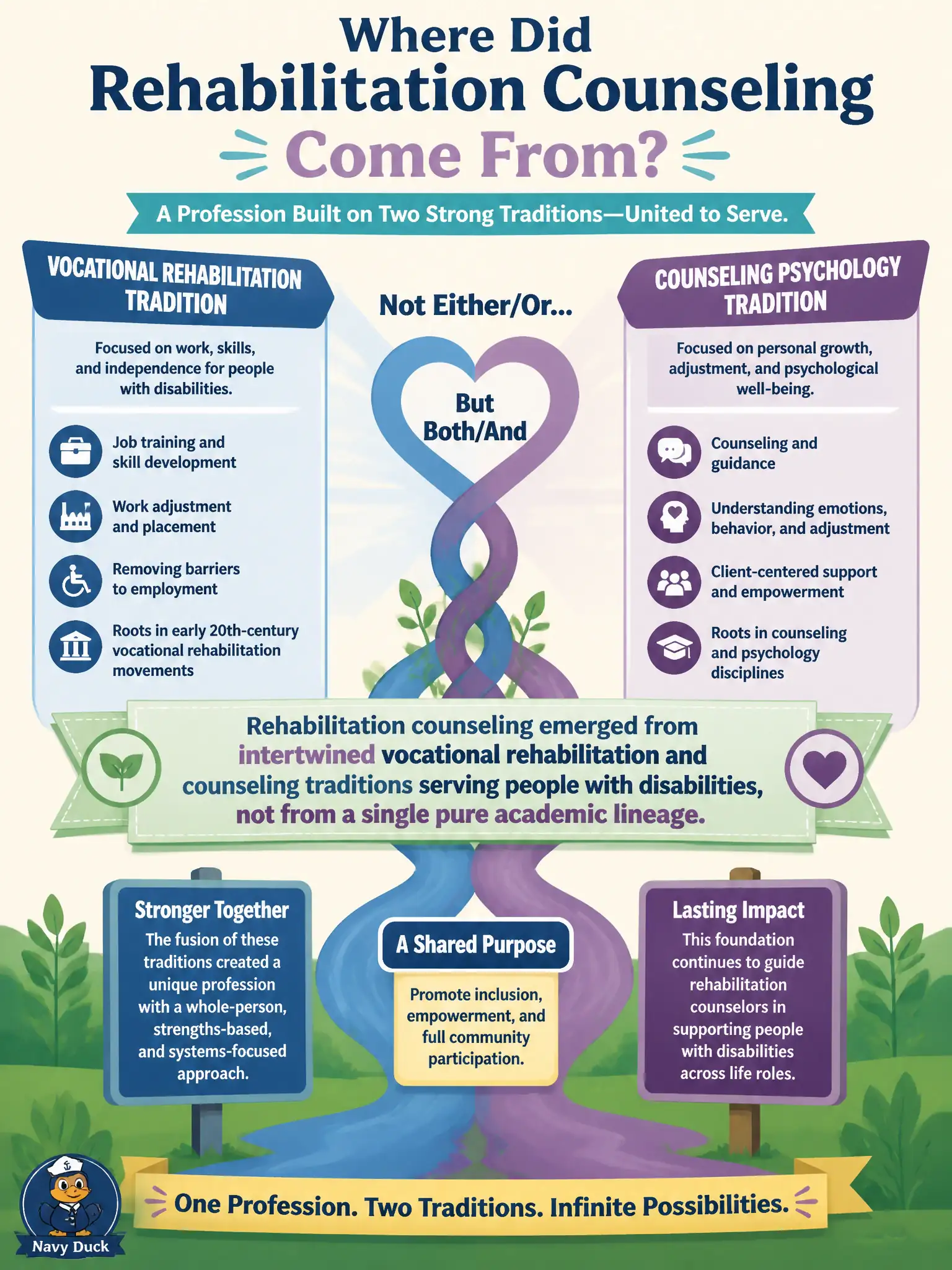 To Create an exciting colorful infographic that explains the concepts in the question: Question: A training cohort debates whether rehabilitation counseling grew more from vocational education or from counseling psychology. Which statement best reflects the profession's historical foundations? Correct Answer: Rehabilitation counseling emerged from intertwined vocational rehabilitation and counseling traditions serving people with disabilities, not from a single pure academic lineage. Put EVERY visible label in double quotes. No people. No A/B/C/D letters. In one of the four corners put a little "Navy Duck".