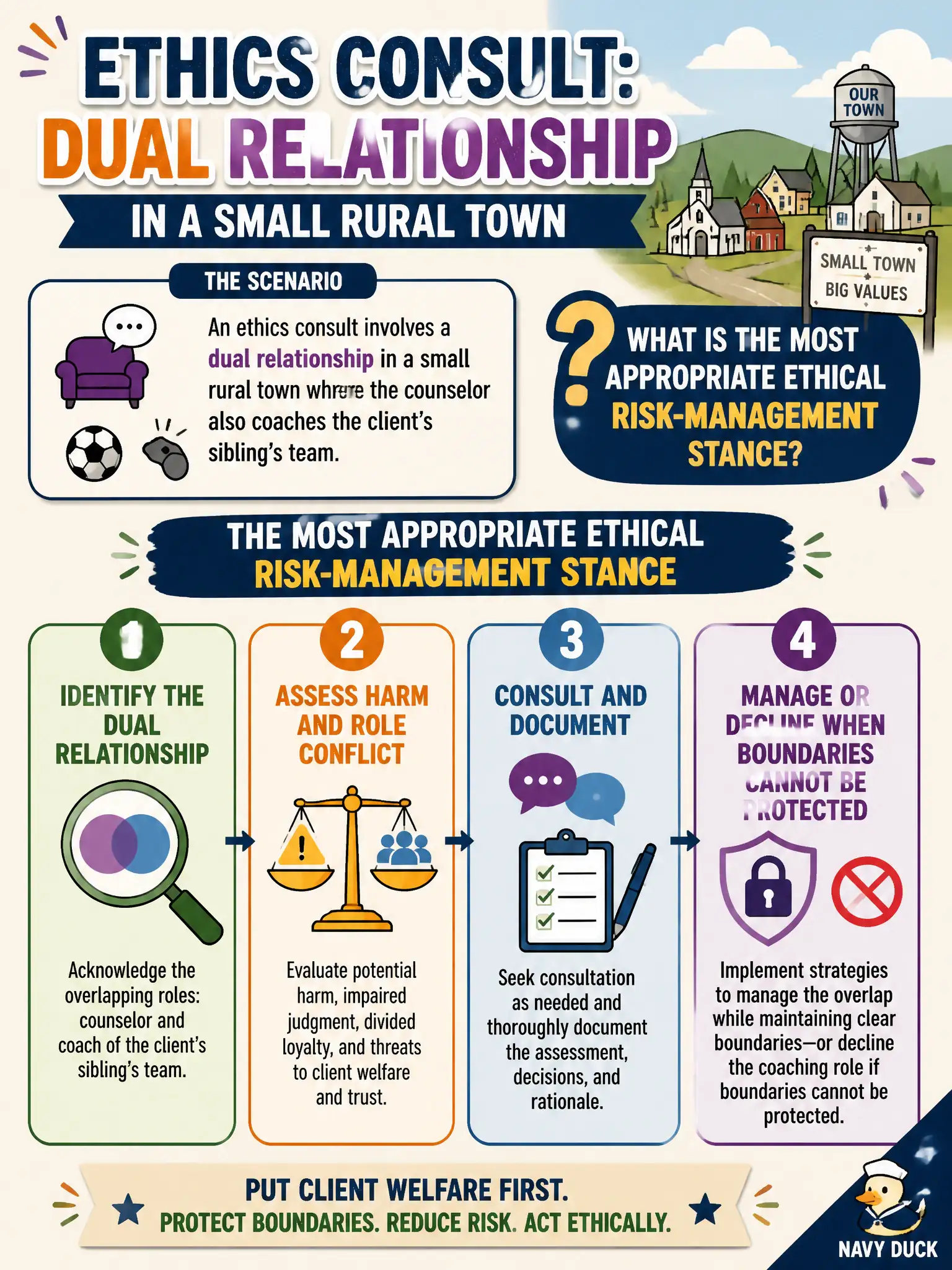 To Create an exciting colorful infographic that explains the concepts in the question: Question: An ethics consult involves a dual relationship in a small rural town where the counselor also coaches the client's sibling's team. What is the most appropriate ethical risk-management stance? Correct Answer: Identify the dual relationship, assess harm and role conflict, consult and document, and manage or decline the overlapping role when boundaries cannot be protected. Put EVERY visible label in double quotes. No people. No A/B/C/D letters. In one of the four corners put a little "Navy Duck".