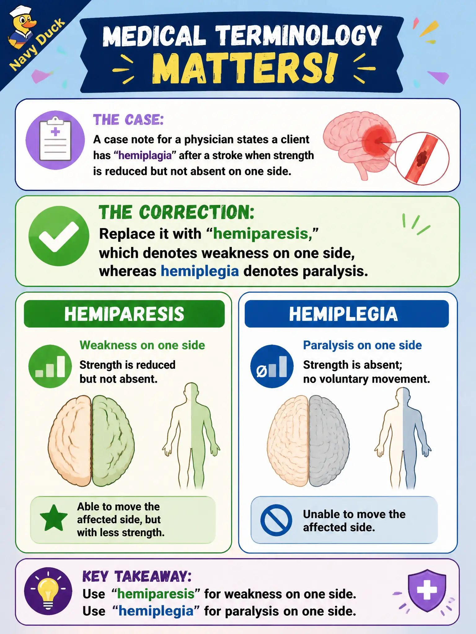 To Create an exciting colorful infographic that explains the concepts in the question: Question: A case note for a physician states a client has 'hemiplagia' after a stroke when strength is reduced but not absent on one side. Which correction best reflects accurate medical terminology? Correct Answer: Replace it with 'hemiparesis,' which denotes weakness on one side, whereas hemiplegia denotes paralysis. Put EVERY visible label in double quotes. No people. No A/B/C/D letters. In one of the four corners put a little "Navy Duck".
