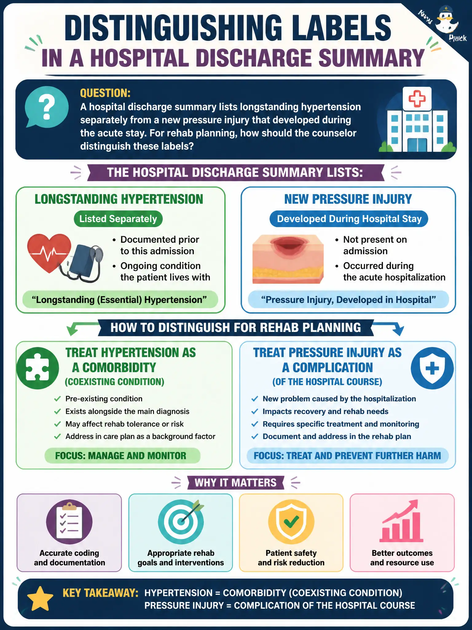 To Create an exciting colorful infographic that explains the concepts in the question: Question: A hospital discharge summary lists longstanding hypertension separately from a new pressure injury that developed during the acute stay. For rehab planning, how should the counselor distinguish these labels? Correct Answer: Treat hypertension as a comorbidity (coexisting condition) and the pressure injury as a complication of the hospital course. Put EVERY visible label in double quotes. No people. No A/B/C/D letters. In one of the four corners put a little "Navy Duck".