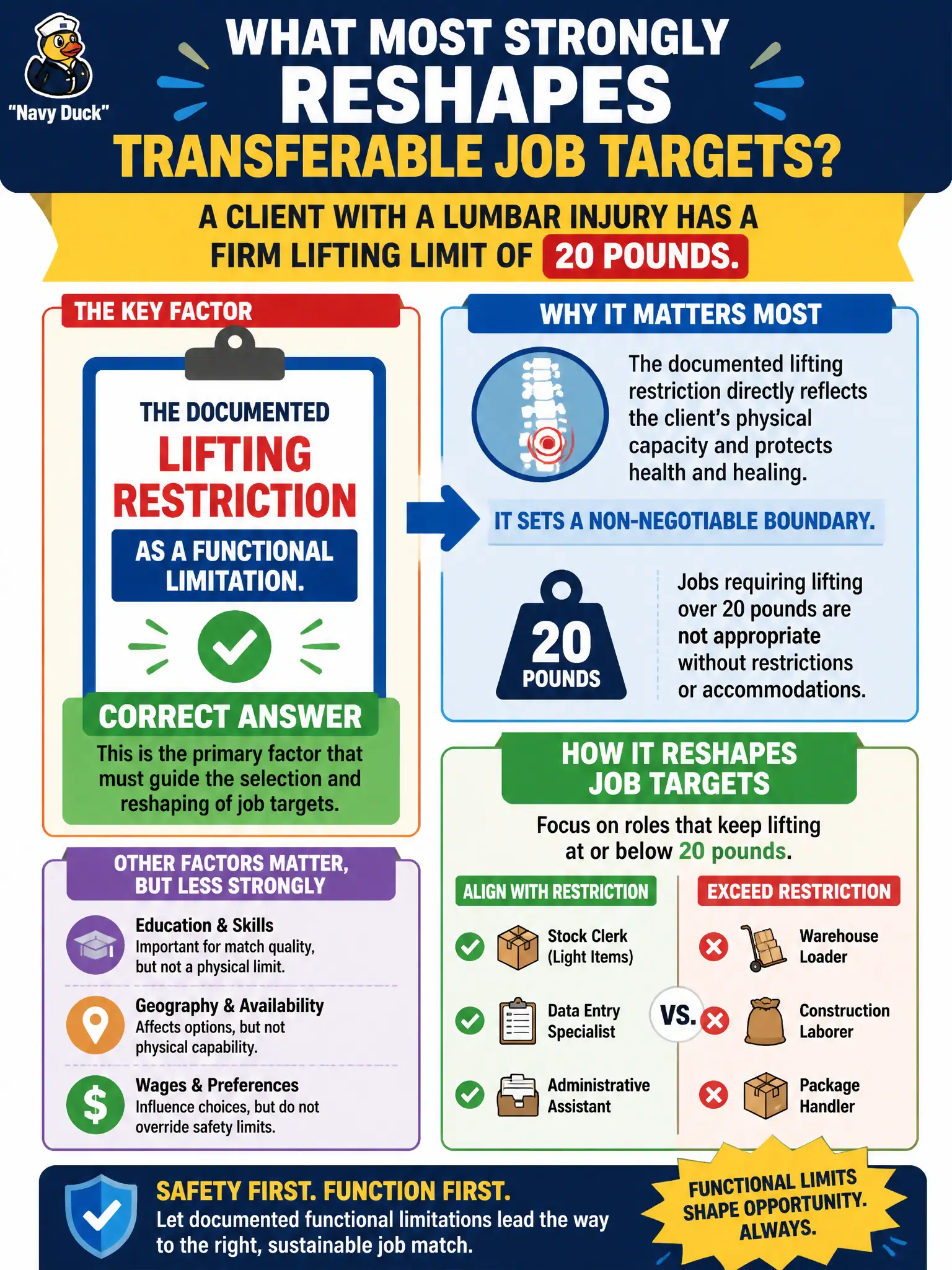 To Create an exciting colorful infographic that explains the concepts in the question: Question: A client with a lumbar injury has a firm lifting limit of 20 pounds. Which factor should most strongly reshape transferable job targets? Correct Answer: The documented lifting restriction as a functional limitation. Put EVERY visible label in double quotes. No people. No A/B/C/D letters. In one of the four corners put a little "Navy Duck".