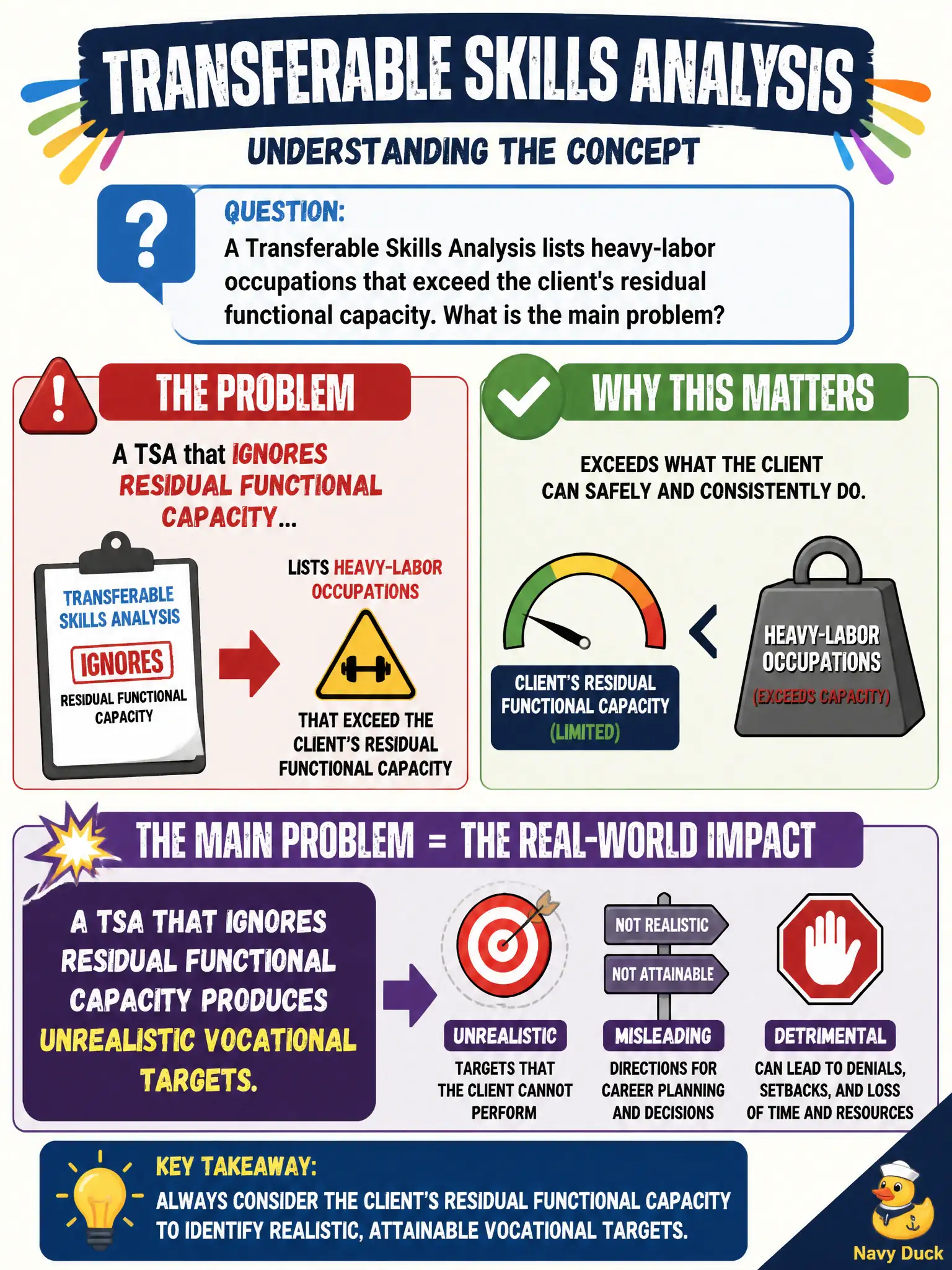 To Create an exciting colorful infographic that explains the concepts in the question: Question: A Transferable Skills Analysis lists heavy-labor occupations that exceed the client's residual functional capacity. What is the main problem? Correct Answer: A TSA that ignores residual functional capacity produces unrealistic vocational targets. Put EVERY visible label in double quotes. No people. No A/B/C/D letters. In one of the four corners put a little "Navy Duck".