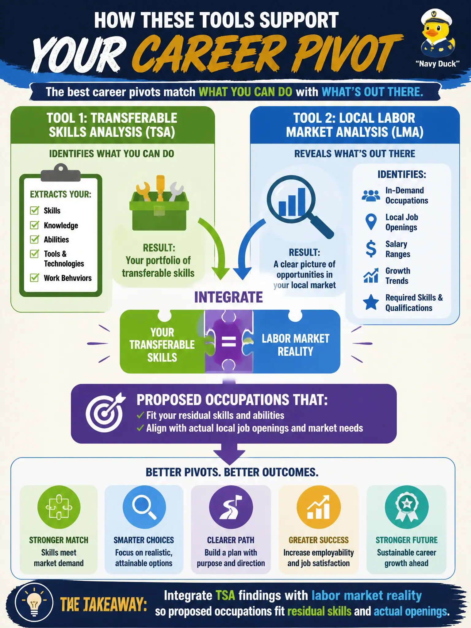 To Create an exciting colorful infographic that explains the concepts in the question: Question: After an industrial injury ends a client's manufacturing role, the counselor completes a transferable skills analysis and a local labor market analysis. How do those tools best support a career pivot? Correct Answer: Integrate TSA findings with labor market reality so proposed occupations fit residual skills and actual openings. Put EVERY visible label in double quotes. No people. No A/B/C/D letters. In one of the four corners put a little "Navy Duck".
