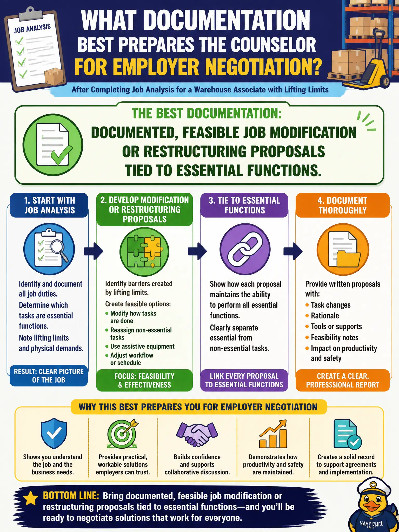To Create an exciting colorful infographic that explains the concepts in the question: Question: After completing job analysis for a warehouse associate with lifting limits, what documentation best prepares the counselor for employer negotiation? Correct Answer: Documented, feasible job modification or restructuring proposals tied to essential functions. Put EVERY visible label in double quotes. No people. No A/B/C/D letters. In one of the four corners put a little "Navy Duck".