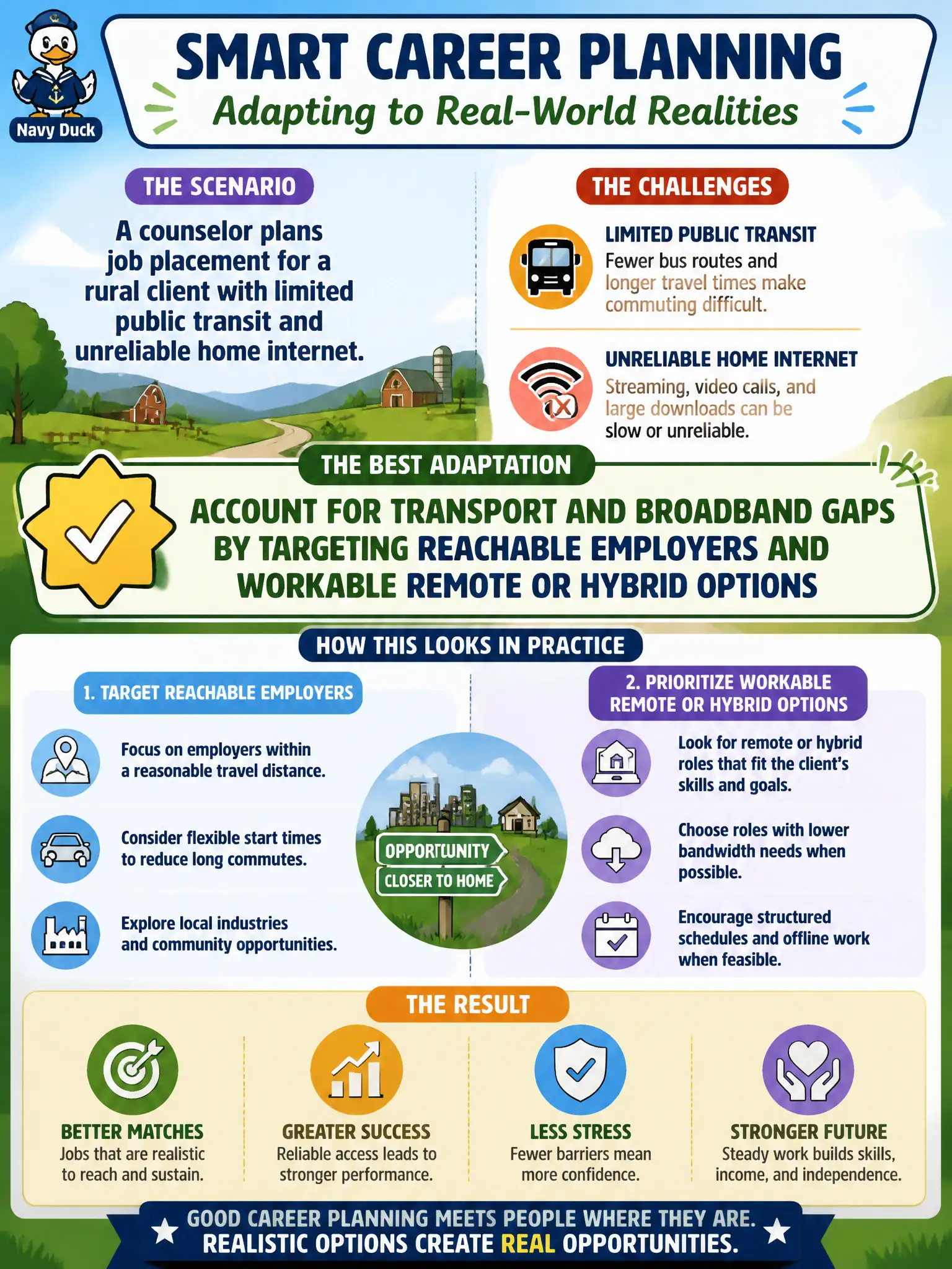 To Create an exciting colorful infographic that explains the concepts in the question: Question: A counselor plans job placement for a rural client with limited public transit and unreliable home internet. What adaptation best fits career development strategy in this setting? Correct Answer: Account for transport and broadband gaps by targeting reachable employers and workable remote or hybrid options Put EVERY visible label in double quotes. No people. No A/B/C/D letters. In one of the four corners put a little "Navy Duck".