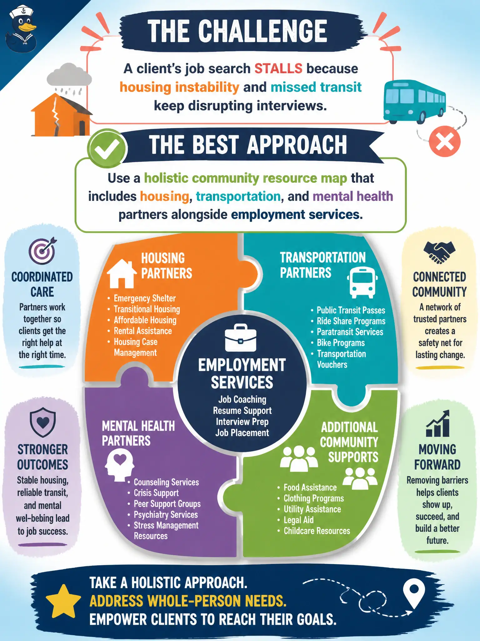 To Create an exciting colorful infographic that explains the concepts in the question: Question: A client's job search stalls because housing instability and missed transit keep disrupting interviews. What community-resource approach fits best? Correct Answer: Use a holistic community resource map that includes housing, transportation, and mental health partners alongside employment services Put EVERY visible label in double quotes. No people. No A/B/C/D letters. In one of the four corners put a little "Navy Duck".