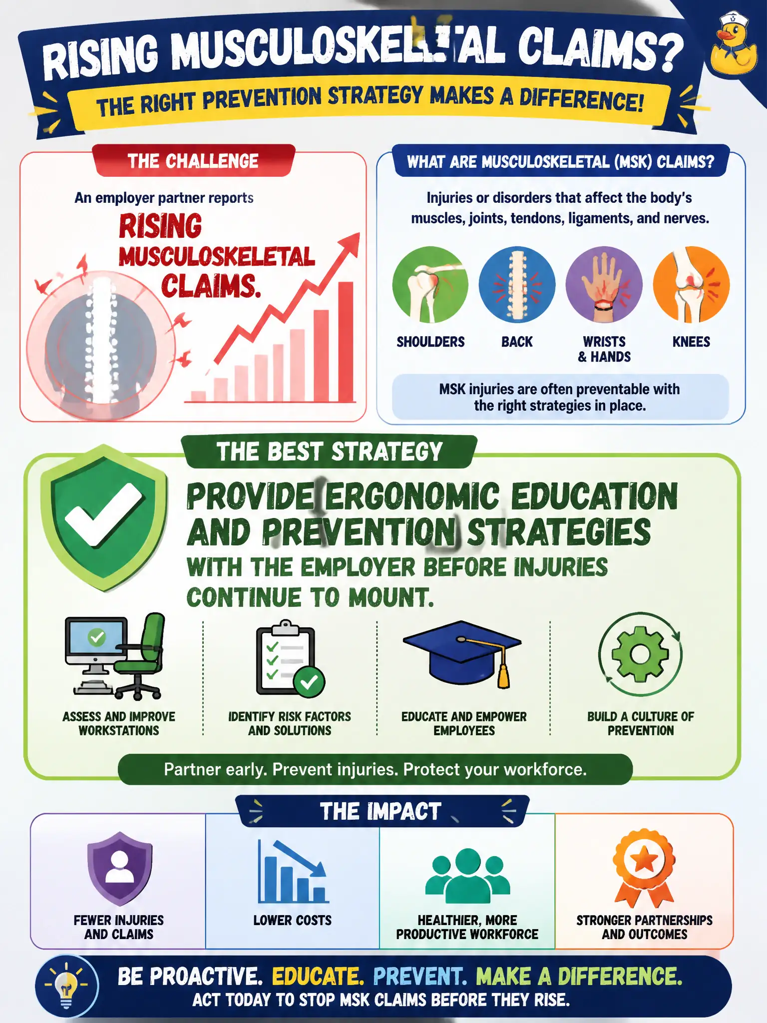 To Create an exciting colorful infographic that explains the concepts in the question: Question: An employer partner reports rising musculoskeletal claims. Which disability prevention strategy fits best? Correct Answer: Provide ergonomic education and prevention strategies with the employer before injuries continue to mount. Put EVERY visible label in double quotes. No people. No A/B/C/D letters. In one of the four corners put a little "Navy Duck".