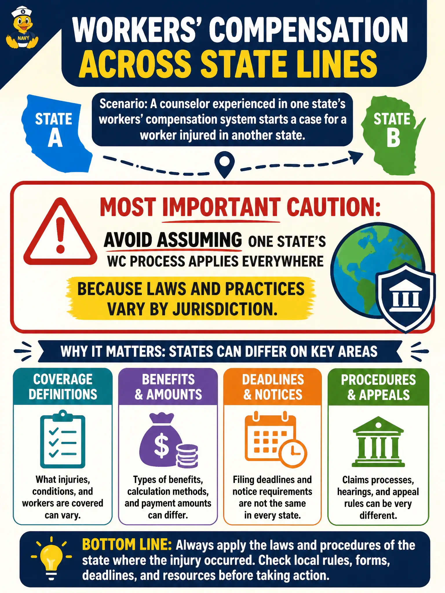To Create an exciting colorful infographic that explains the concepts in the question: Question: A counselor experienced in one state's workers' compensation system starts a case for a worker injured in another state. What caution is most important? Correct Answer: Avoid assuming one state's WC process applies everywhere because laws and practices vary by jurisdiction. Put EVERY visible label in double quotes. No people. No A/B/C/D letters. In one of the four corners put a little "Navy Duck".