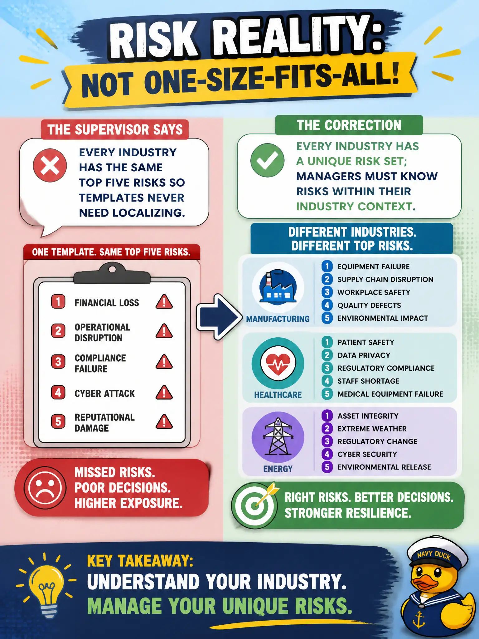 To Create an exciting colorful infographic that explains the concepts in the question: Question: A supervisor says every industry has the same top five risks so templates never need localizing. Which correction is needed? Correct Answer: Every industry has a unique risk set; managers must know risks within their industry context. Put EVERY visible label in double quotes. No people. No A/B/C/D letters. In one of the four corners put a little "Navy Duck".