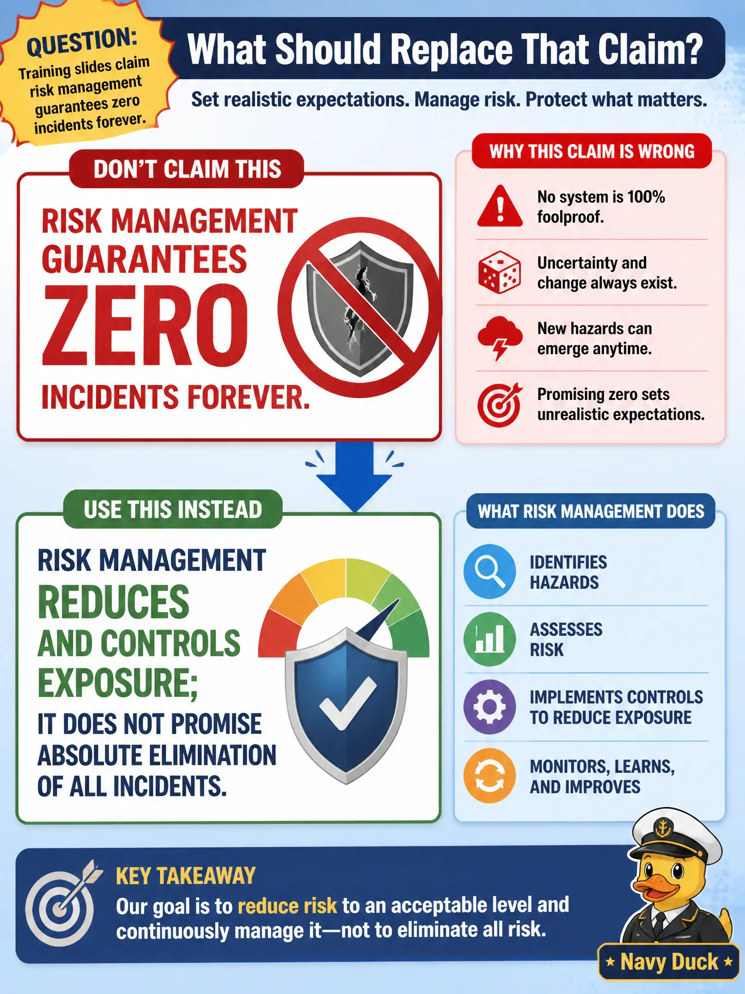 To Create an exciting colorful infographic that explains the concepts in the question: Question: Training slides claim risk management guarantees zero incidents forever. What should replace that claim? Correct Answer: Risk management reduces and controls exposure; it does not promise absolute elimination of all incidents. Put EVERY visible label in double quotes. No people. No A/B/C/D letters. In one of the four corners put a little "Navy Duck".