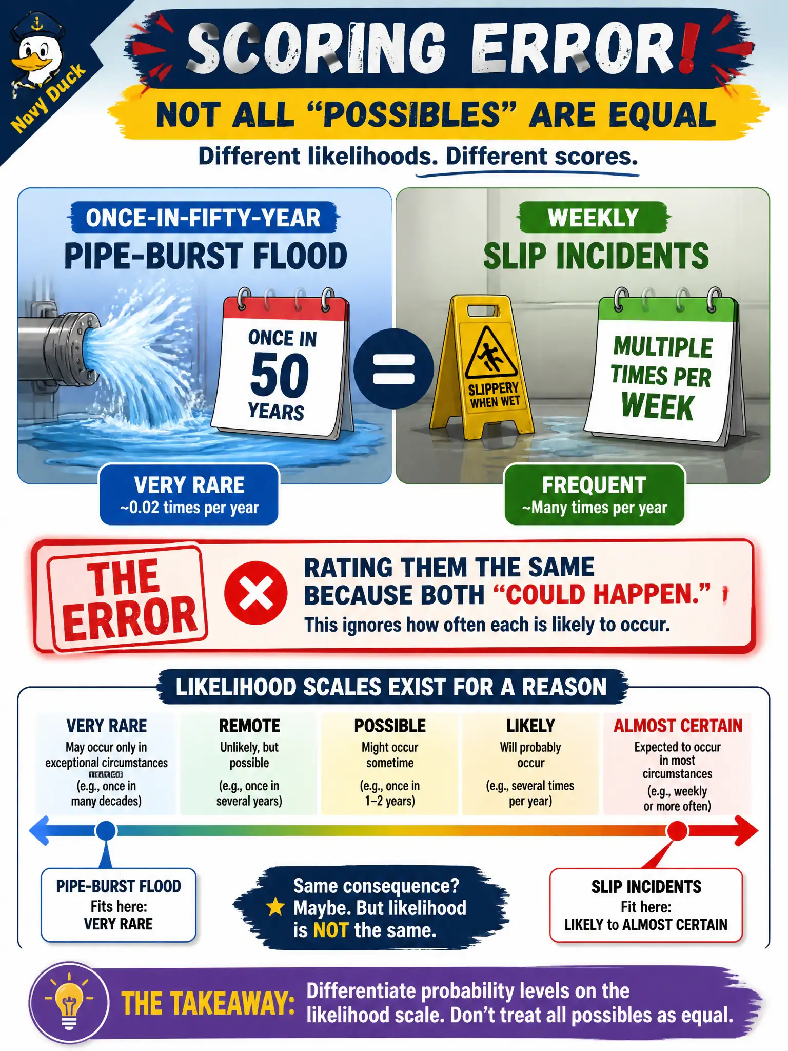 To Create an exciting colorful infographic that explains the concepts in the question: Question: A supervisor rates a once-in-fifty-year pipe-burst flood the same likelihood as weekly slip incidents because both 'could happen.' What scoring error is this? Correct Answer: Failing to differentiate probability levels on a likelihood scale and treating all possibles as equal. Put EVERY visible label in double quotes. No people. No A/B/C/D letters. In one of the four corners put a little "Navy Duck".