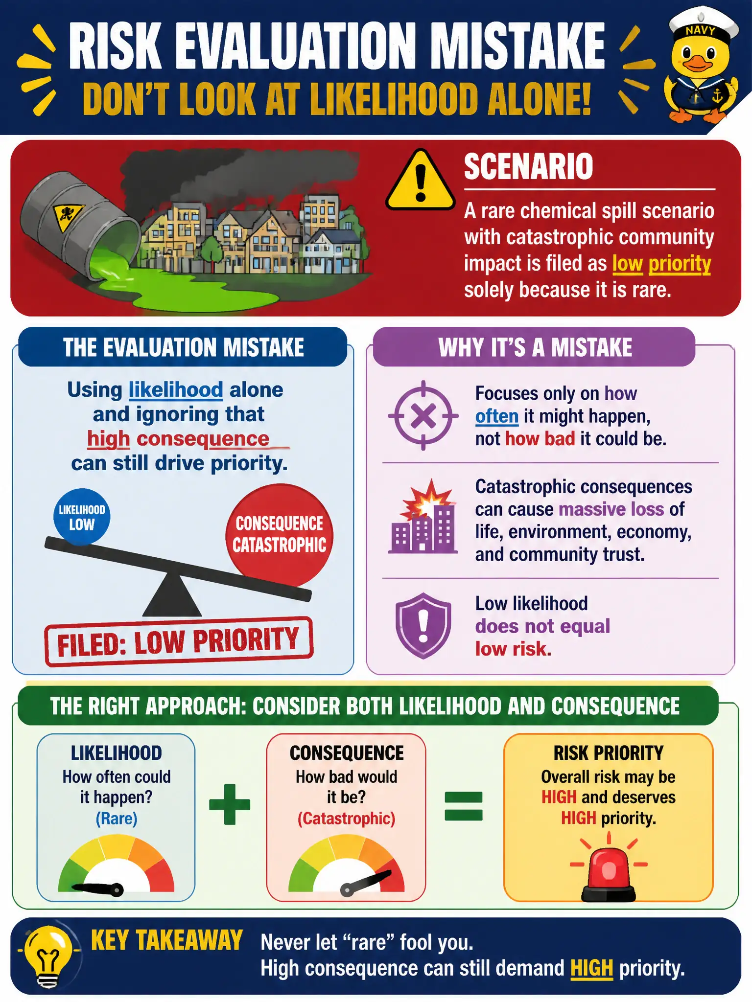 To Create an exciting colorful infographic that explains the concepts in the question: Question: A rare chemical spill scenario with catastrophic community impact is filed as low priority solely because it is rare. What evaluation mistake is this? Correct Answer: Using likelihood alone and ignoring that high consequence can still drive priority. Put EVERY visible label in double quotes. No people. No A/B/C/D letters. In one of the four corners put a little "Navy Duck".