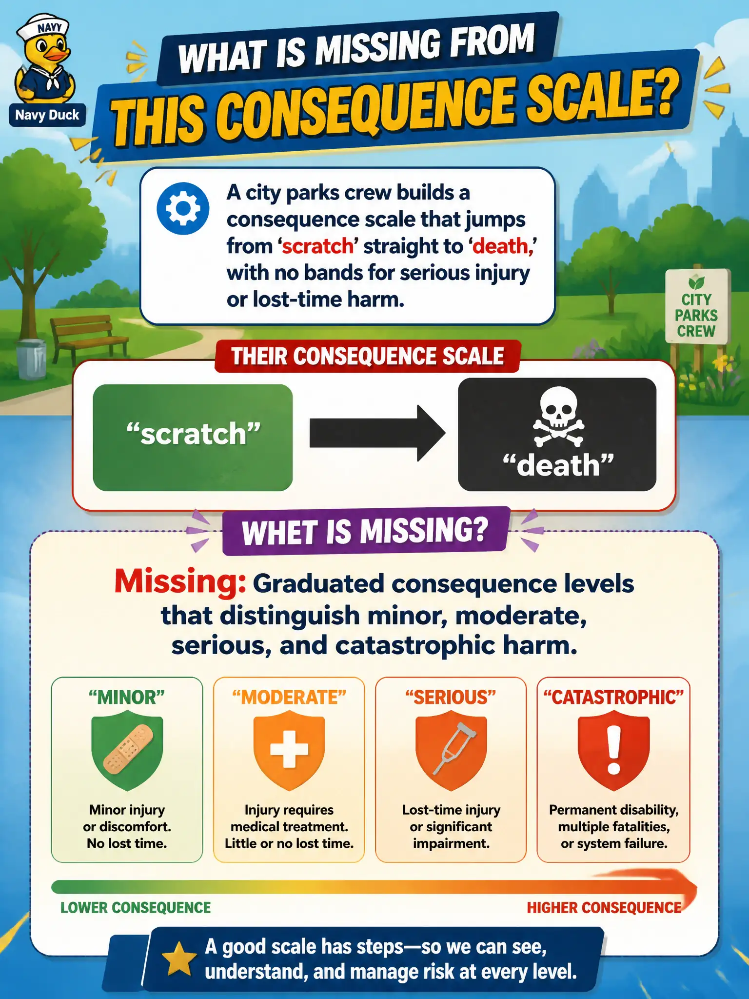 To Create an exciting colorful infographic that explains the concepts in the question: Question: A city parks crew builds a consequence scale that jumps from 'scratch' straight to 'death,' with no bands for serious injury or lost-time harm. What is missing from this scale? Correct Answer: Graduated consequence levels that distinguish minor, moderate, serious, and catastrophic harm. Put EVERY visible label in double quotes. No people. No A/B/C/D letters. In one of the four corners put a little "Navy Duck".
