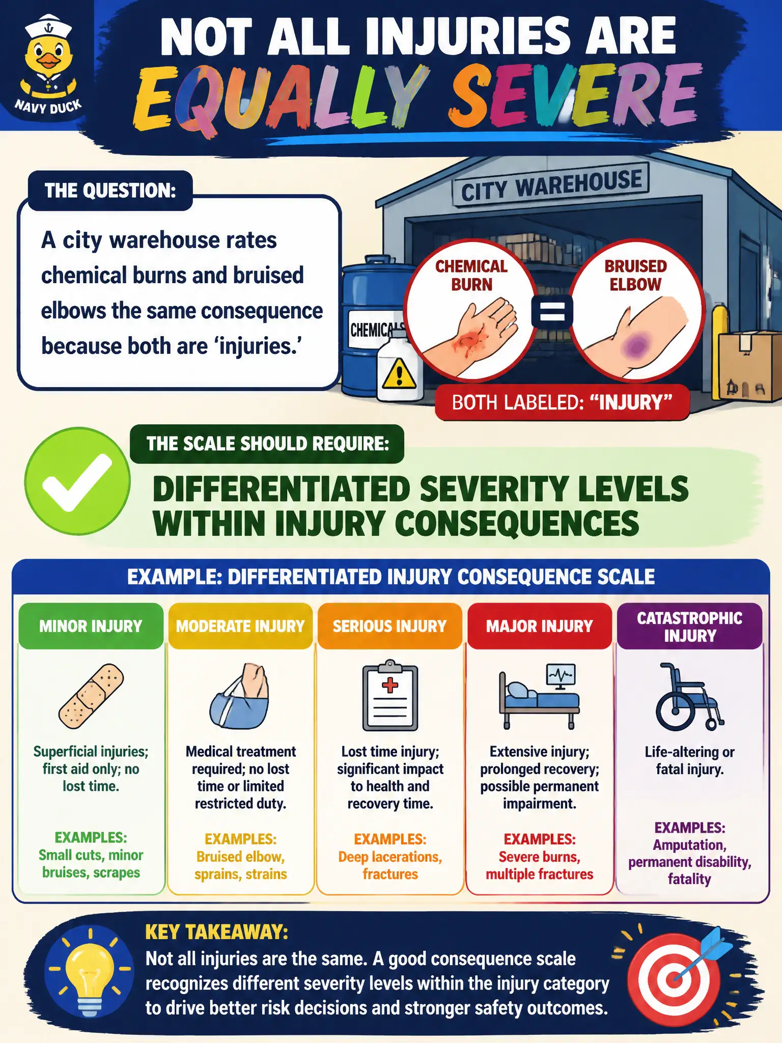 To Create an exciting colorful infographic that explains the concepts in the question: Question: A city warehouse rates chemical burns and bruised elbows the same consequence because both are 'injuries.' What should the consequence scale require? Correct Answer: Differentiated severity levels within injury consequences rather than one catch-all injury score. Put EVERY visible label in double quotes. No people. No A/B/C/D letters. In one of the four corners put a little "Navy Duck".
