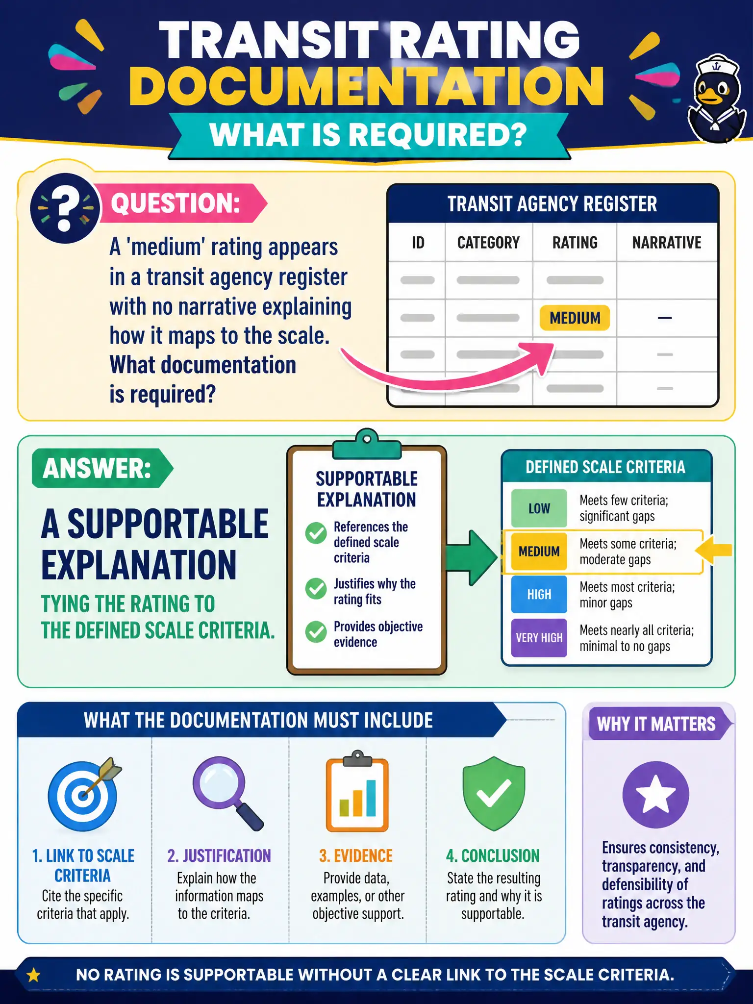 To Create an exciting colorful infographic that explains the concepts in the question: Question: A 'medium' rating appears in a transit agency register with no narrative explaining how it maps to the scale. What documentation is required? Correct Answer: A supportable explanation tying the rating to the defined scale criteria. Put EVERY visible label in double quotes. No people. No A/B/C/D letters. In one of the four corners put a little "Navy Duck".