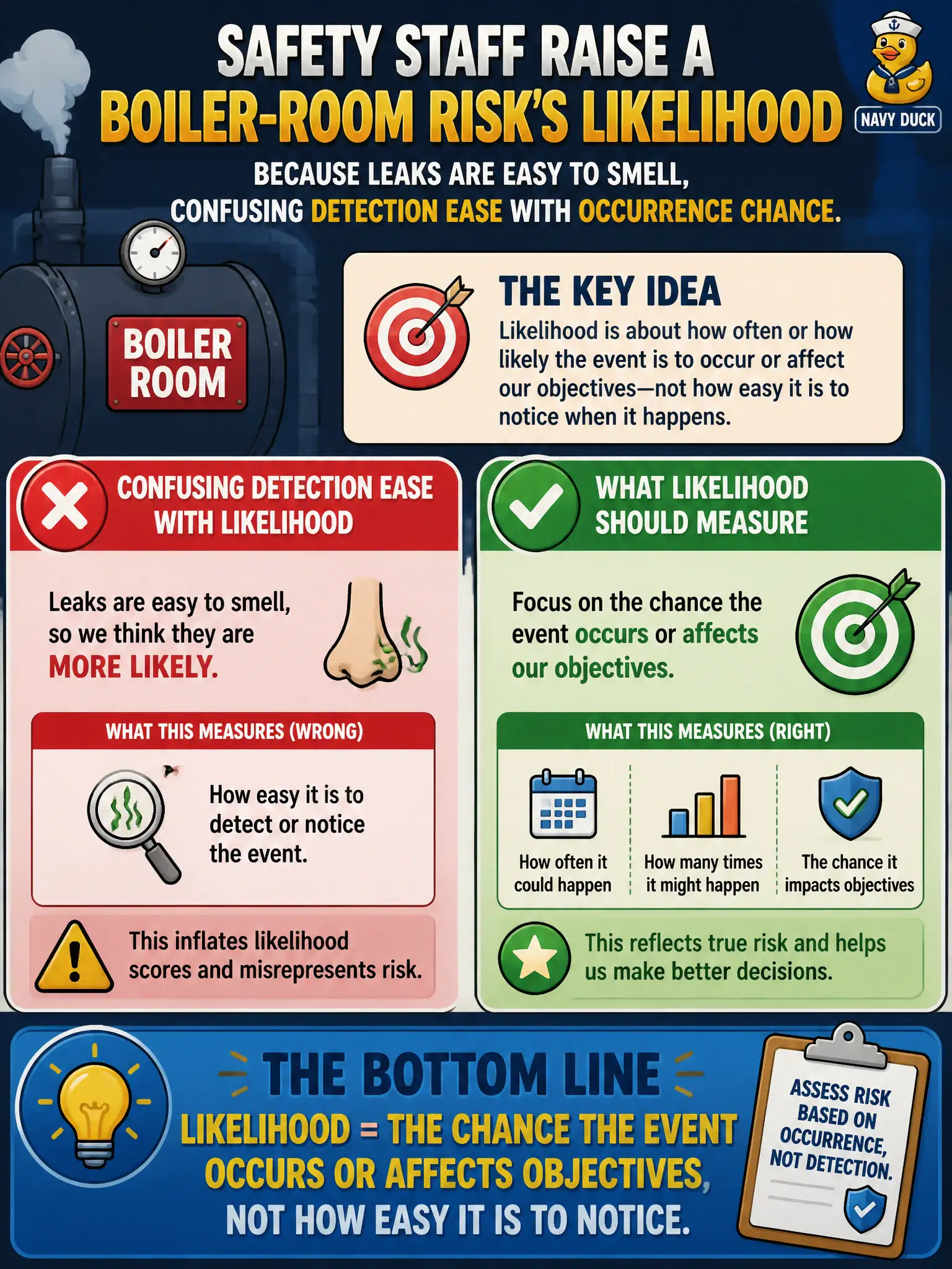 To Create an exciting colorful infographic that explains the concepts in the question: Question: Safety staff raise a boiler-room risk's likelihood because leaks are easy to smell, confusing detection ease with occurrence chance. What should likelihood measure? Correct Answer: The chance the event occurs or affects objectives, not how easy it is to notice. Put EVERY visible label in double quotes. No people. No A/B/C/D letters. In one of the four corners put a little "Navy Duck".