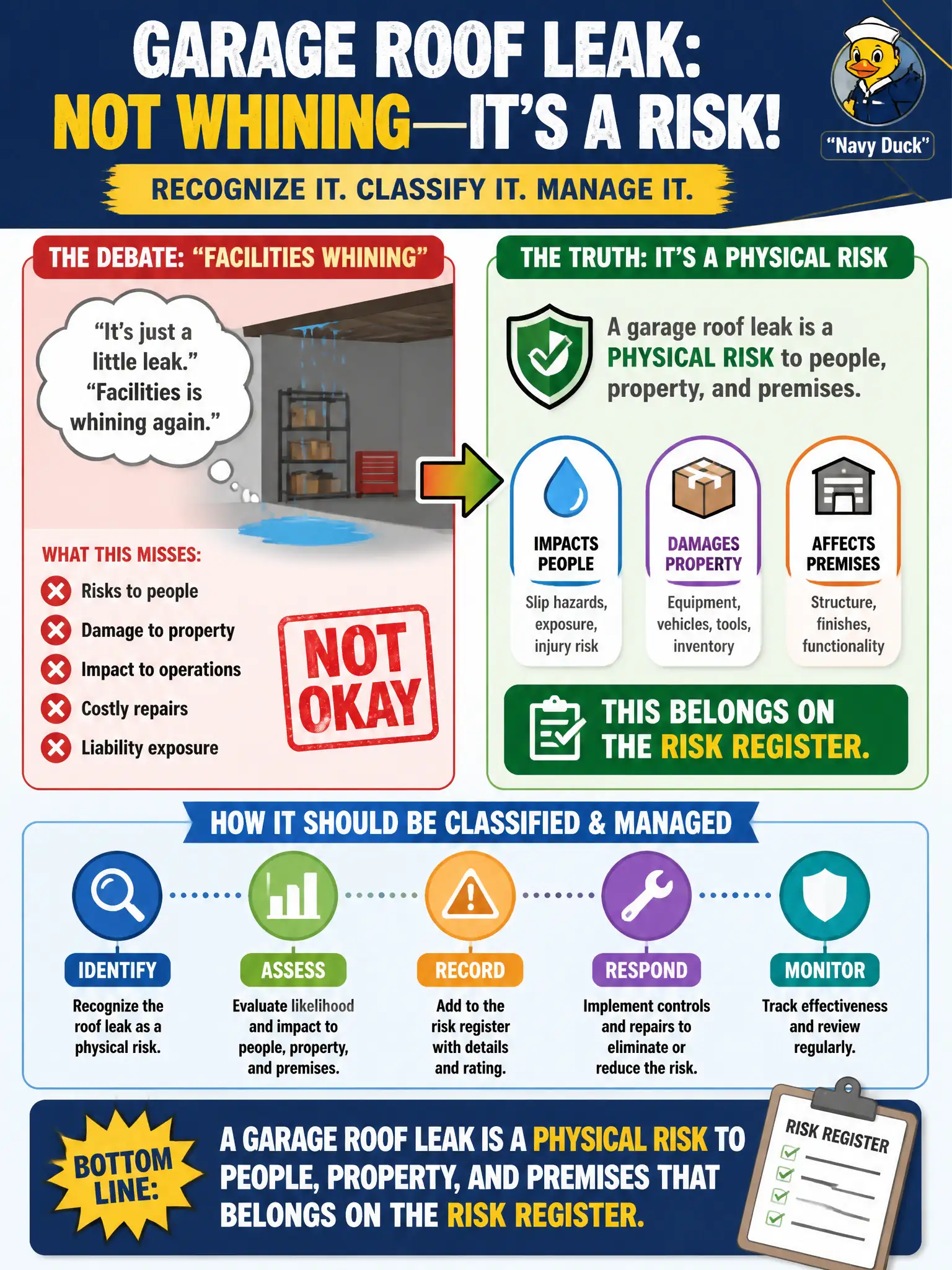 To Create an exciting colorful infographic that explains the concepts in the question: Question: A garage roof leak is debated as 'facilities whining' rather than recognized as exposure to people and property. How should this be classified? Correct Answer: As a physical risk to people, property, and premises that belongs on the risk register. Put EVERY visible label in double quotes. No people. No A/B/C/D letters. In one of the four corners put a little "Navy Duck".