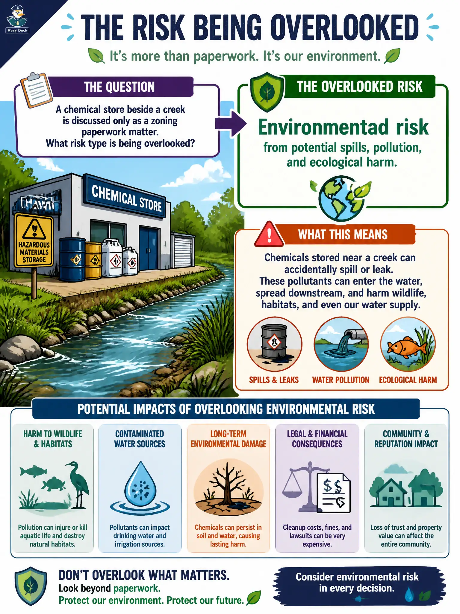 To Create an exciting colorful infographic that explains the concepts in the question: Question: A chemical store beside a creek is discussed only as a zoning paperwork matter. What risk type is being overlooked? Correct Answer: Environmental risk from potential spills, pollution, and ecological harm. Put EVERY visible label in double quotes. No people. No A/B/C/D letters. In one of the four corners put a little "Navy Duck".
