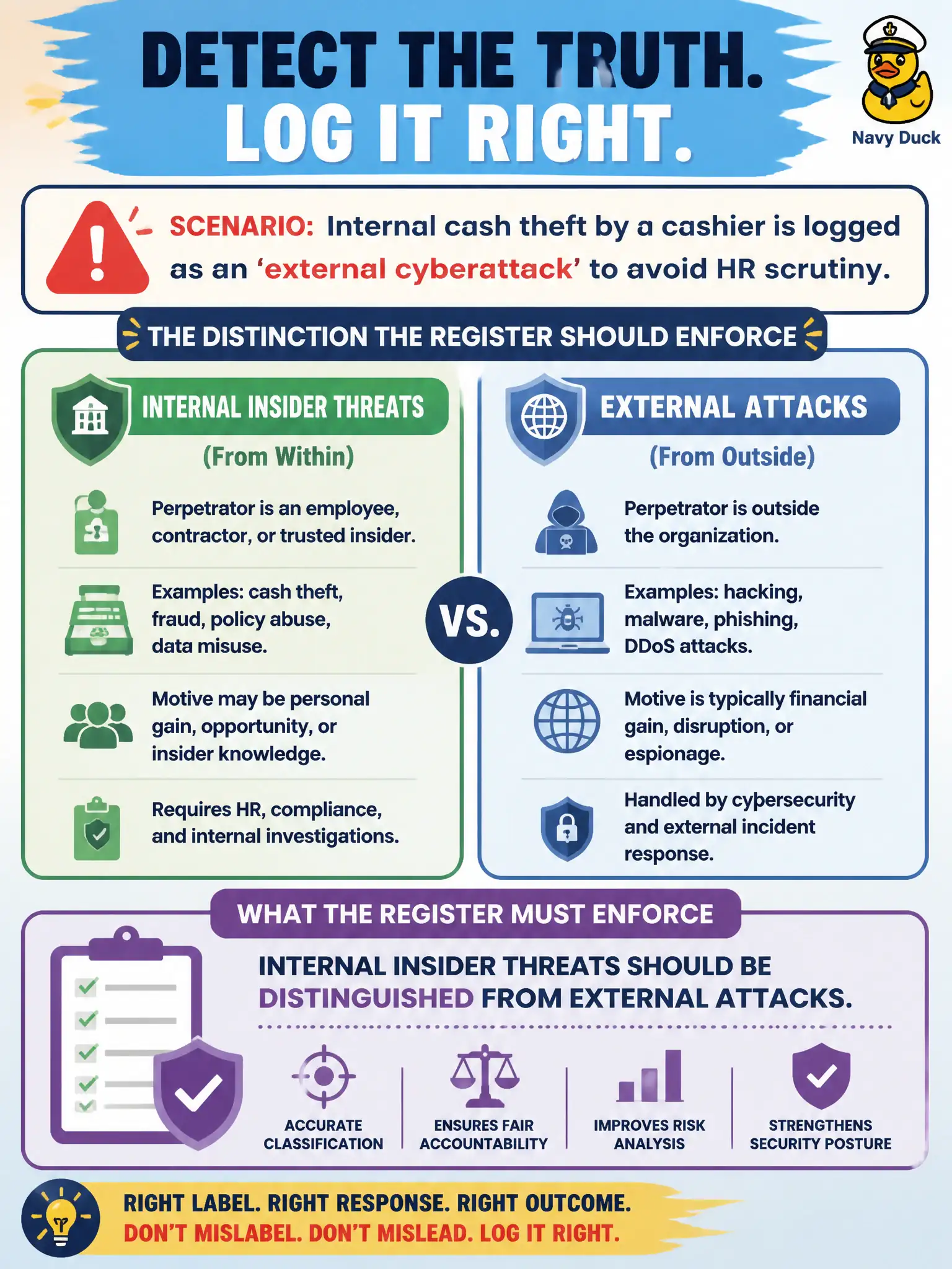 To Create an exciting colorful infographic that explains the concepts in the question: Question: Internal cash theft by a cashier is logged as an 'external cyberattack' to avoid HR scrutiny. What distinction should the register enforce? Correct Answer: Internal insider threats should be distinguished from external attacks. Put EVERY visible label in double quotes. No people. No A/B/C/D letters. In one of the four corners put a little "Navy Duck".