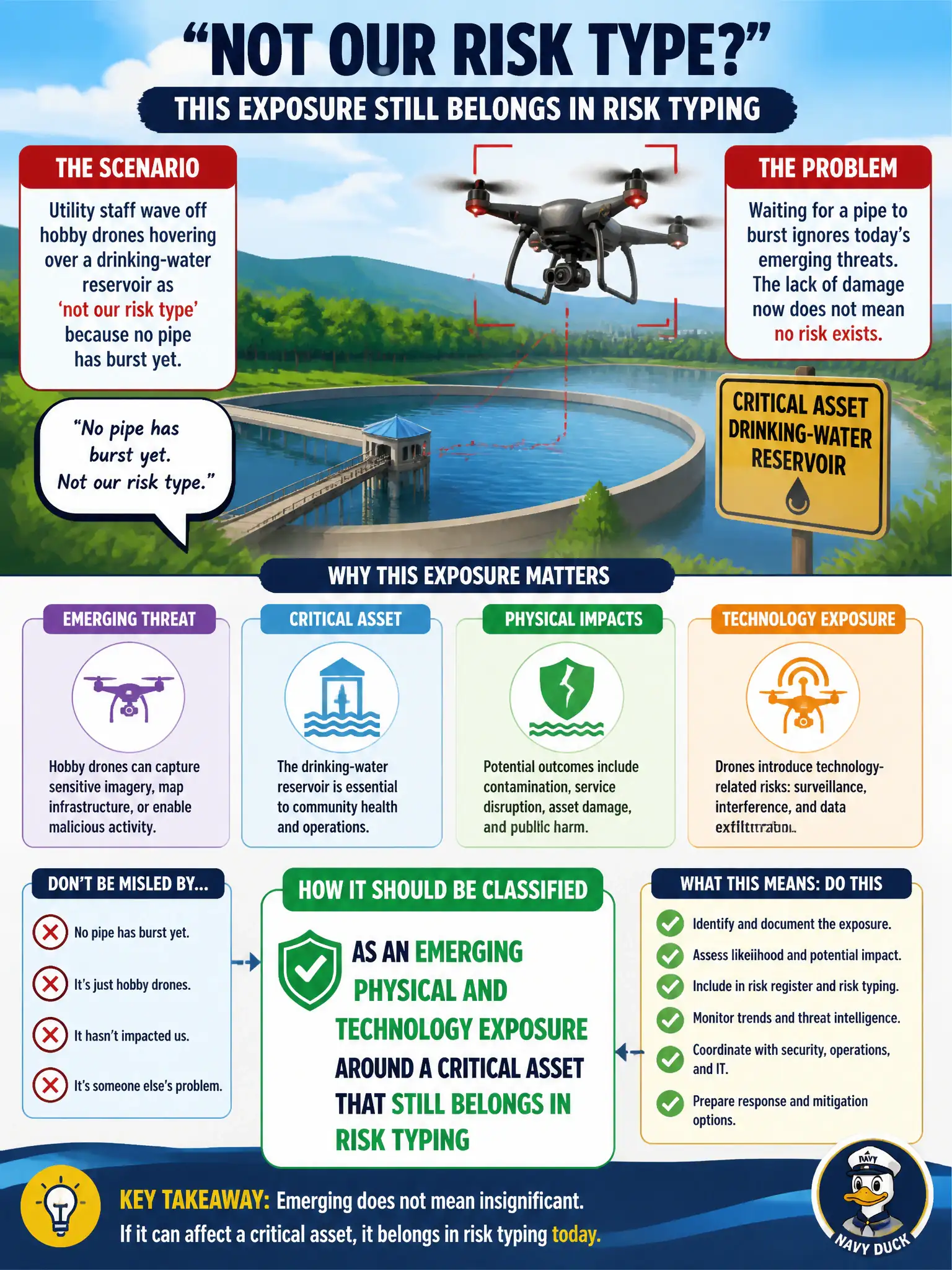 To Create an exciting colorful infographic that explains the concepts in the question: Question: Utility staff wave off hobby drones hovering over a drinking-water reservoir as 'not our risk type' because no pipe has burst yet. How should the corporate risk manager classify this exposure? Correct Answer: As an emerging physical and technology exposure around a critical asset that still belongs in risk typing Put EVERY visible label in double quotes. No people. No A/B/C/D letters. In one of the four corners put a little "Navy Duck".