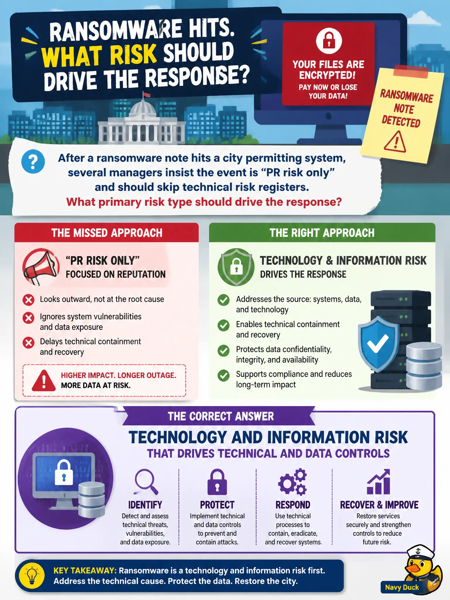 To Create an exciting colorful infographic that explains the concepts in the question: Question: After a ransomware note hits a city permitting system, several managers insist the event is 'PR risk only' and should skip technical risk registers. What primary risk type should drive the response? Correct Answer: Technology and information risk that drives technical and data controls Put EVERY visible label in double quotes. No people. No A/B/C/D letters. In one of the four corners put a little "Navy Duck".