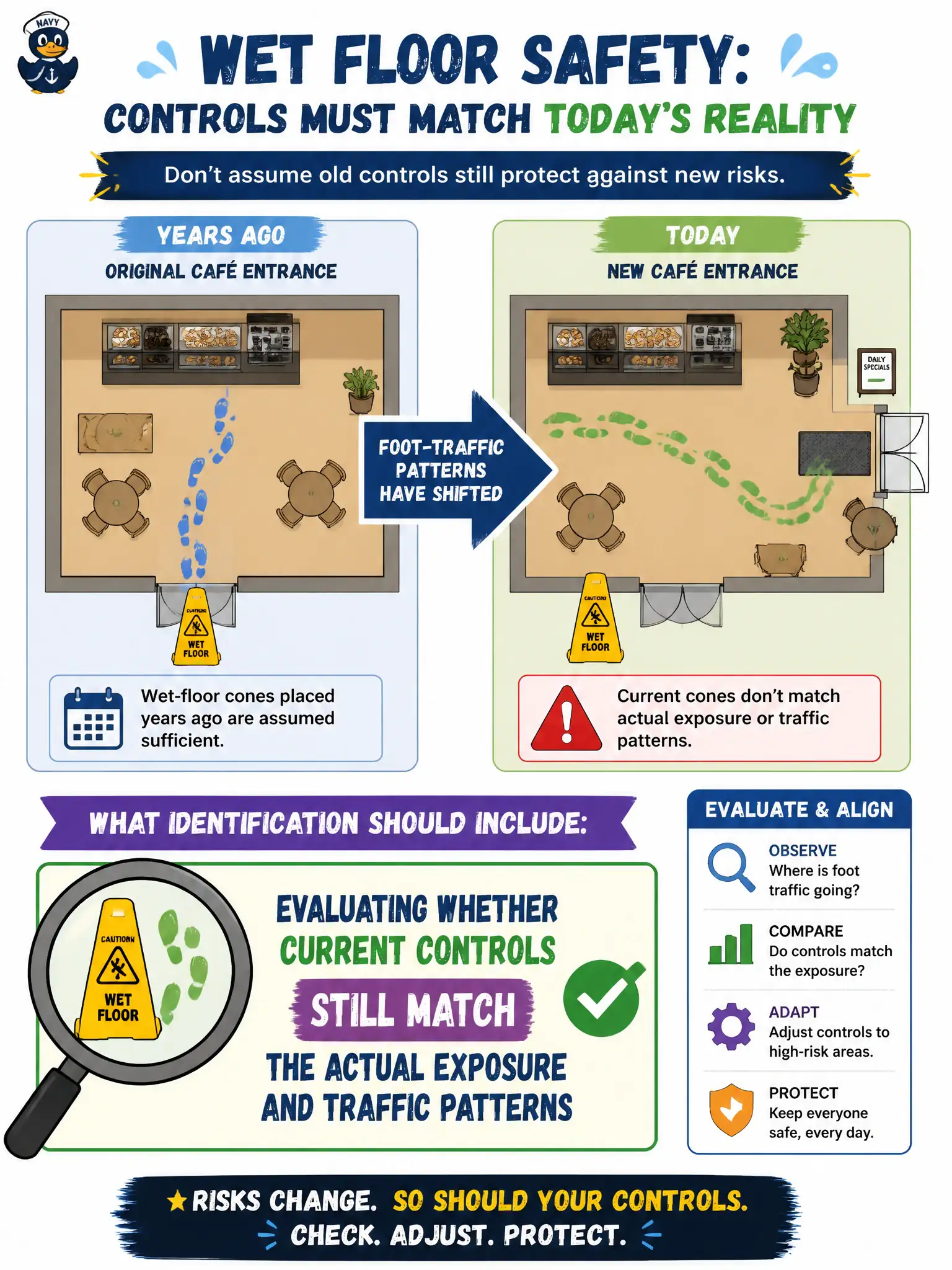 To Create an exciting colorful infographic that explains the concepts in the question: Question: Wet-floor cones placed years ago are assumed sufficient even though foot-traffic patterns have shifted toward a new café entrance. What should identification include? Correct Answer: Evaluating whether current controls still match the actual exposure and traffic patterns Put EVERY visible label in double quotes. No people. No A/B/C/D letters. In one of the four corners put a little "Navy Duck".