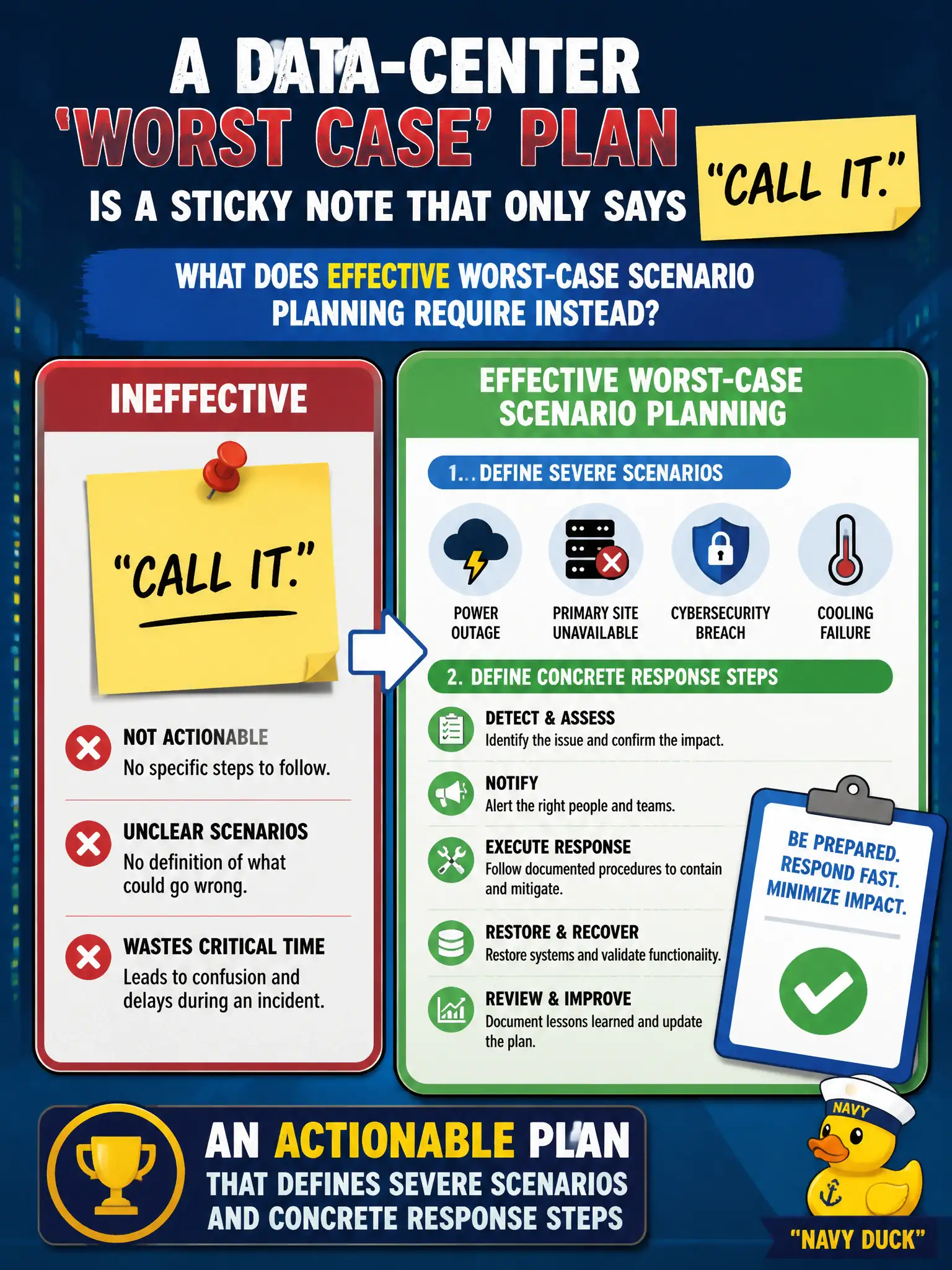To Create an exciting colorful infographic that explains the concepts in the question: Question: A data-center 'worst case' plan is a sticky note that only says 'call IT.' What does effective worst-case scenario planning require instead? Correct Answer: An actionable plan that defines severe scenarios and concrete response steps Put EVERY visible label in double quotes. No people. No A/B/C/D letters. In one of the four corners put a little "Navy Duck".