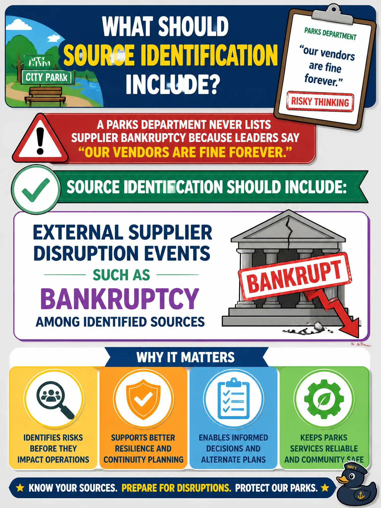 To Create an exciting colorful infographic that explains the concepts in the question: Question: A parks department never lists supplier bankruptcy because leaders say 'our vendors are fine forever.' What should source identification include? Correct Answer: External supplier disruption events such as bankruptcy among identified sources Put EVERY visible label in double quotes. No people. No A/B/C/D letters. In one of the four corners put a little "Navy Duck".