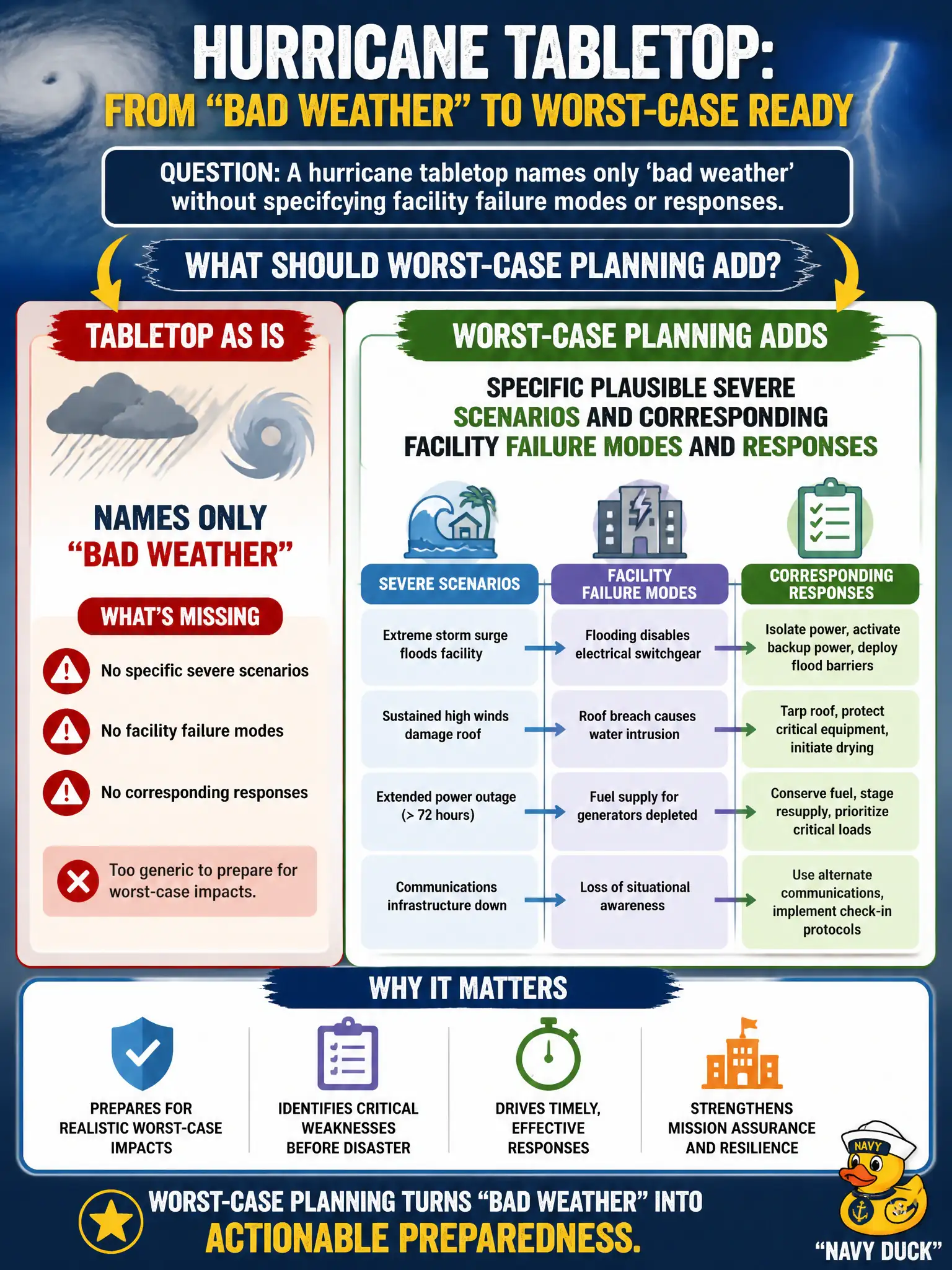 To Create an exciting colorful infographic that explains the concepts in the question: Question: A hurricane tabletop names only 'bad weather' without specifying facility failure modes or responses. What should worst-case planning add? Correct Answer: Specific plausible severe scenarios and corresponding facility failure modes and responses Put EVERY visible label in double quotes. No people. No A/B/C/D letters. In one of the four corners put a little "Navy Duck".
