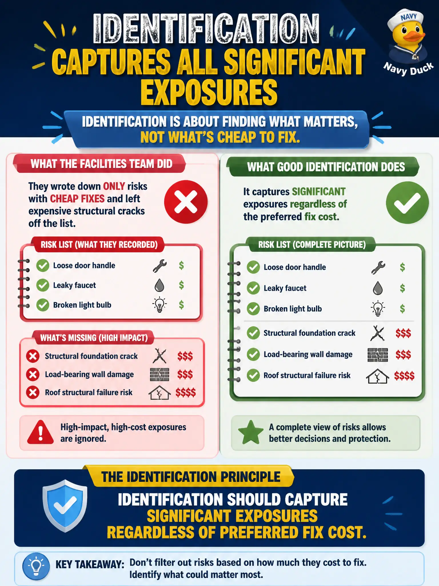 To Create an exciting colorful infographic that explains the concepts in the question: Question: A facilities team writes down only risks with cheap fixes and leaves expensive structural cracks off the list. What identification principle does this violate? Correct Answer: Identification should capture significant exposures regardless of preferred fix cost Put EVERY visible label in double quotes. No people. No A/B/C/D letters. In one of the four corners put a little "Navy Duck".