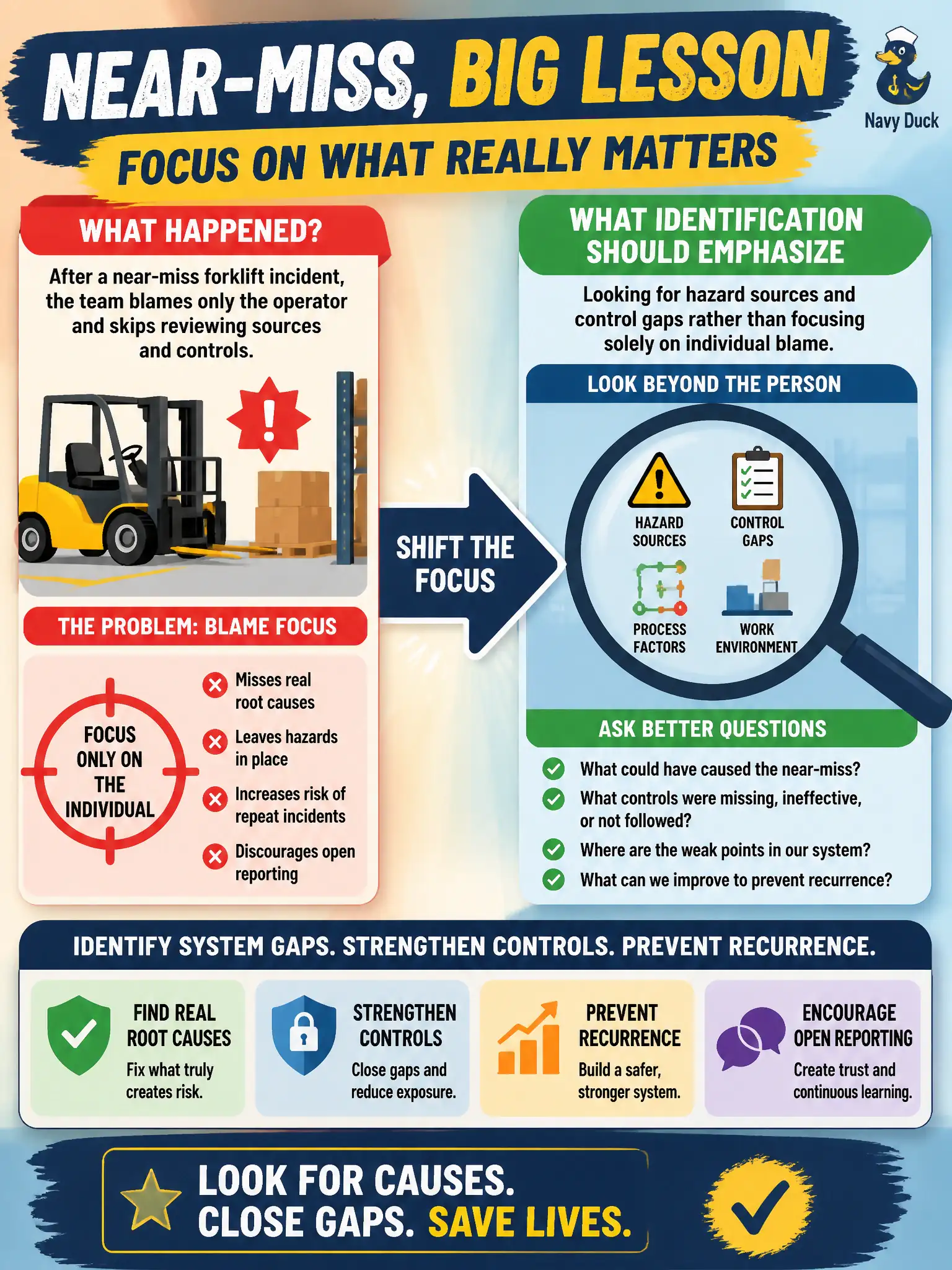 To Create an exciting colorful infographic that explains the concepts in the question: Question: After a near-miss forklift incident, the team blames only the operator and skips reviewing sources and controls. What should identification emphasize instead? Correct Answer: Looking for hazard sources and control gaps rather than focusing solely on individual blame Put EVERY visible label in double quotes. No people. No A/B/C/D letters. In one of the four corners put a little "Navy Duck".