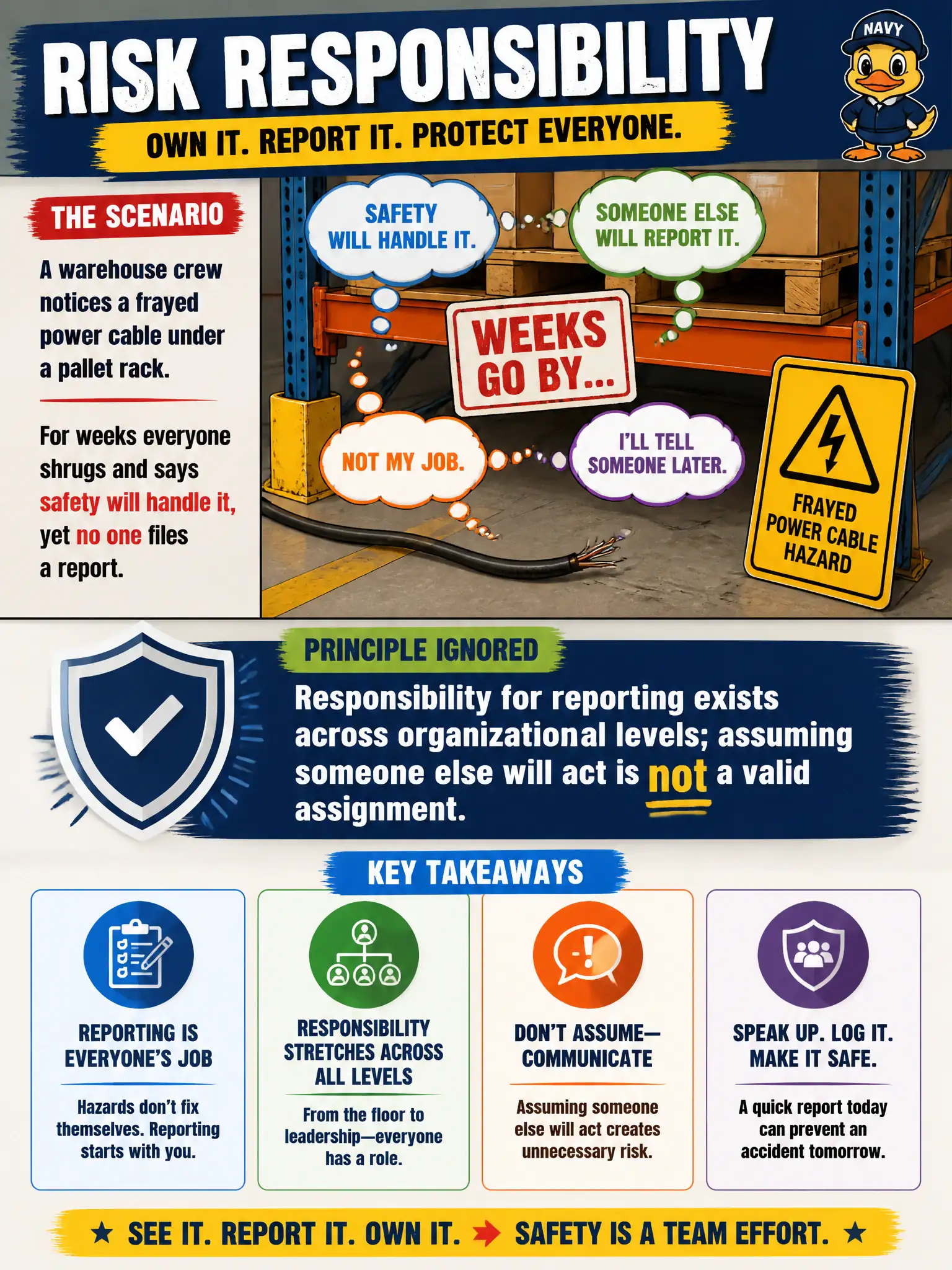 To Create an exciting colorful infographic that explains the concepts in the question: Question: A warehouse crew notices a frayed power cable under a pallet rack. For weeks everyone shrugs and says safety will handle it, yet no one files a report. What principle of risk responsibility is being ignored? Correct Answer: Responsibility for reporting exists across organizational levels; assuming someone else will act is not a valid assignment. Put EVERY visible label in double quotes. No people. No A/B/C/D letters. In one of the four corners put a little "Navy Duck".
