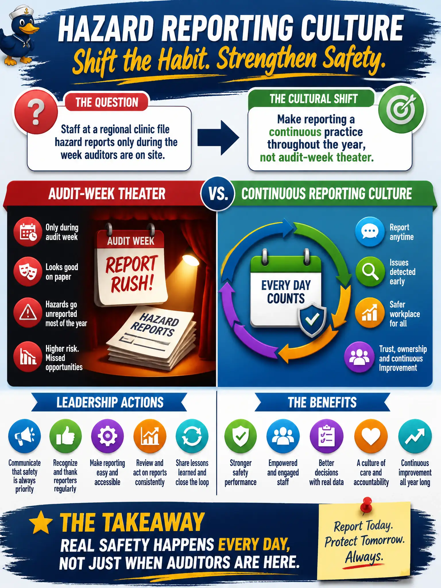 To Create an exciting colorful infographic that explains the concepts in the question: Question: Staff at a regional clinic file hazard reports only during the week auditors are on site. What cultural shift should leadership drive? Correct Answer: Make reporting a continuous practice throughout the year, not audit-week theater. Put EVERY visible label in double quotes. No people. No A/B/C/D letters. In one of the four corners put a little "Navy Duck".