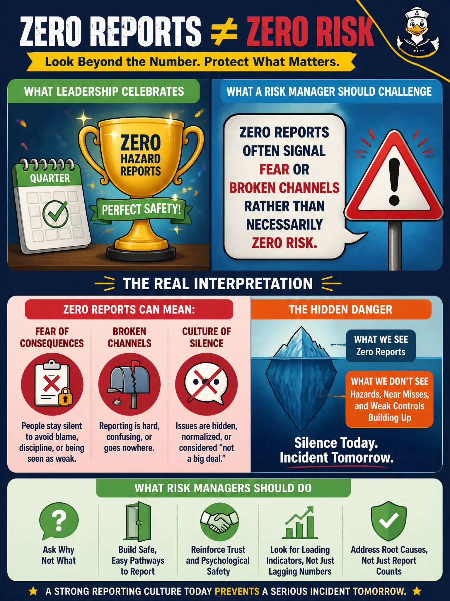 To Create an exciting colorful infographic that explains the concepts in the question: Question: Leadership celebrates a quarter with zero hazard reports as proof of perfect safety. What interpretation should a risk manager challenge? Correct Answer: Zero reports often signal fear or broken channels rather than necessarily zero risk. Put EVERY visible label in double quotes. No people. No A/B/C/D letters. In one of the four corners put a little "Navy Duck".