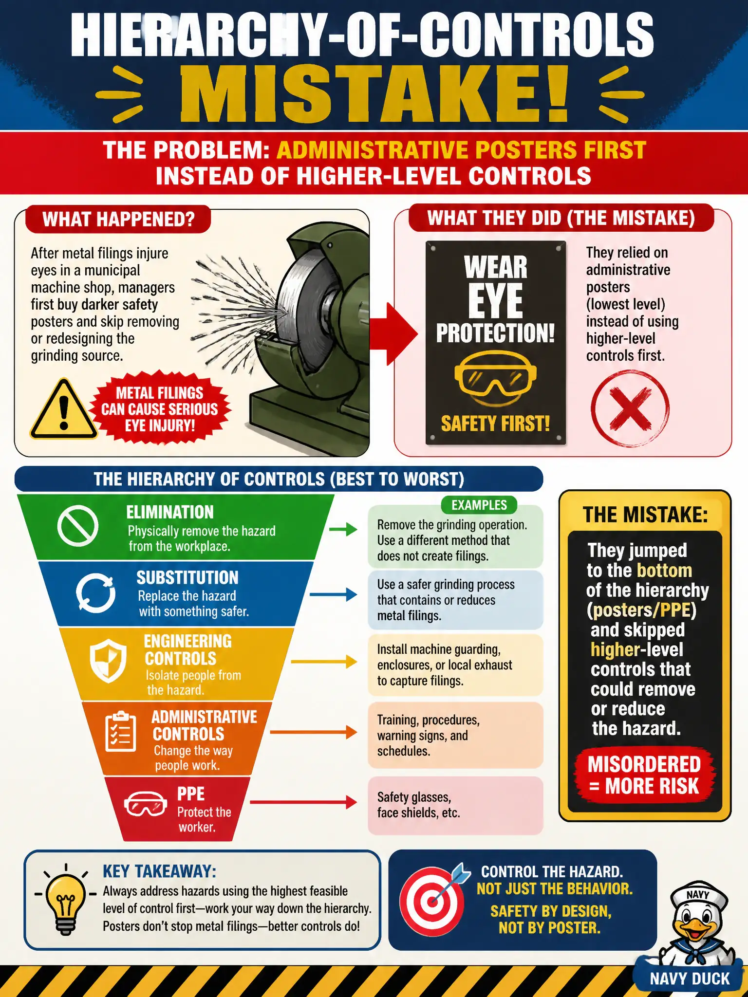 To Create an exciting colorful infographic that explains the concepts in the question: Question: After metal filings injure eyes in a municipal machine shop, managers first buy darker safety posters and skip removing or redesigning the grinding source. What hierarchy-of-controls mistake is this? Correct Answer: Relying on administrative posters before higher controls like elimination or substitution misorders the hierarchy of controls. Put EVERY visible label in double quotes. No people. No A/B/C/D letters. In one of the four corners put a little "Navy Duck".